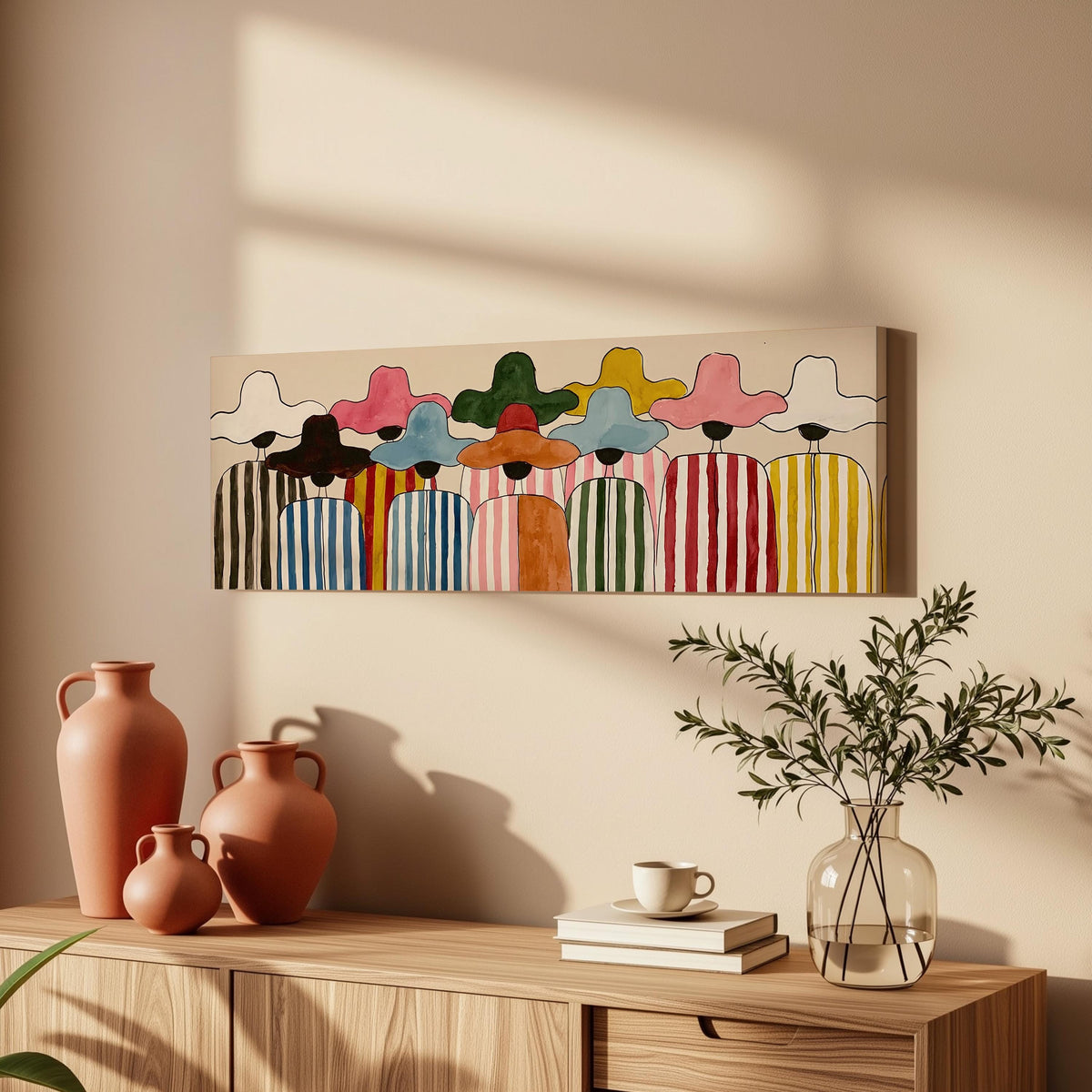 Crowd of figures in colorful sun hats long horizontal canvas print above a wooden sideboard