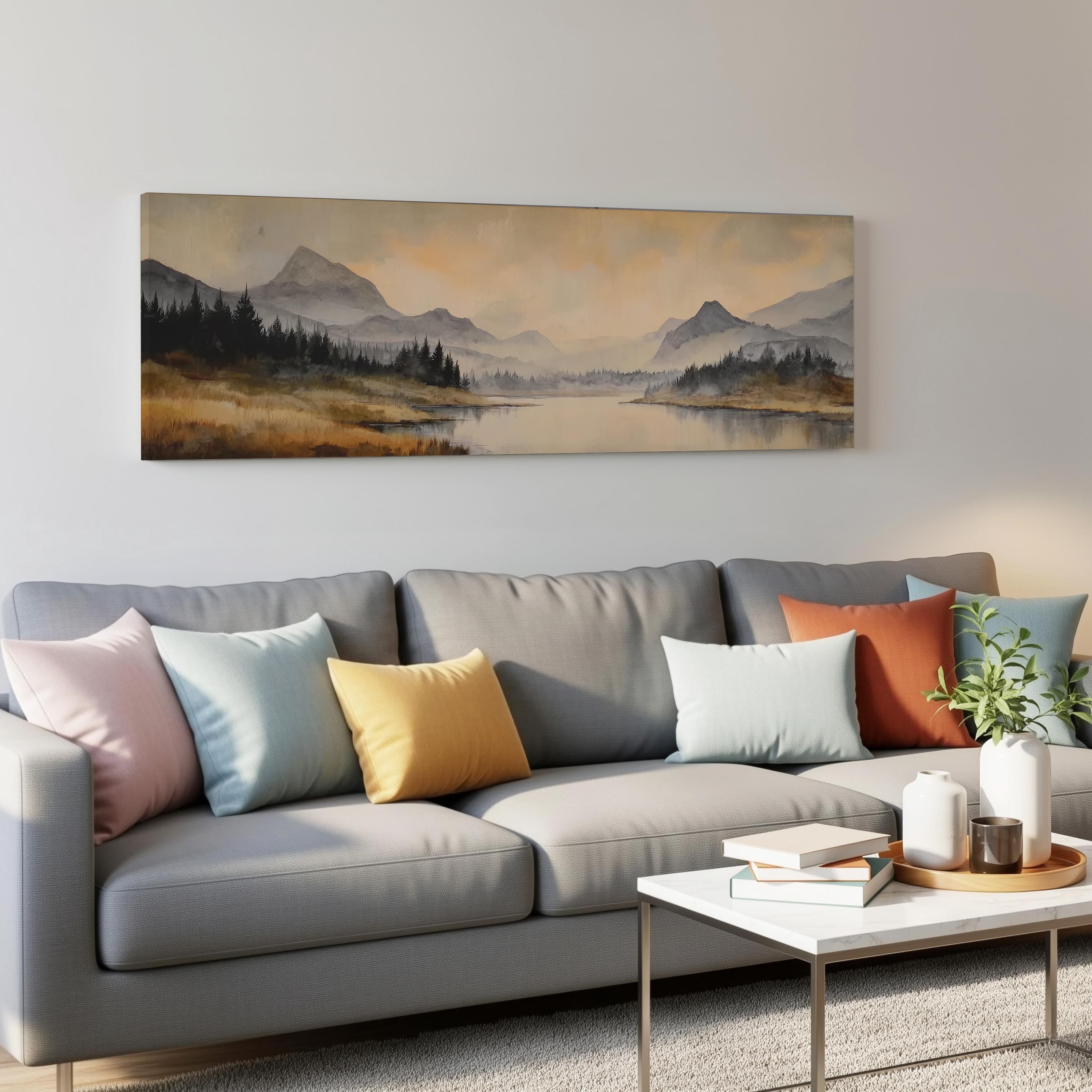 a living room with a gray sofa adorned with colorful throw pillows, a coffee table with books and a plant, and a large landscape painting hanging on the wall above the sofa.