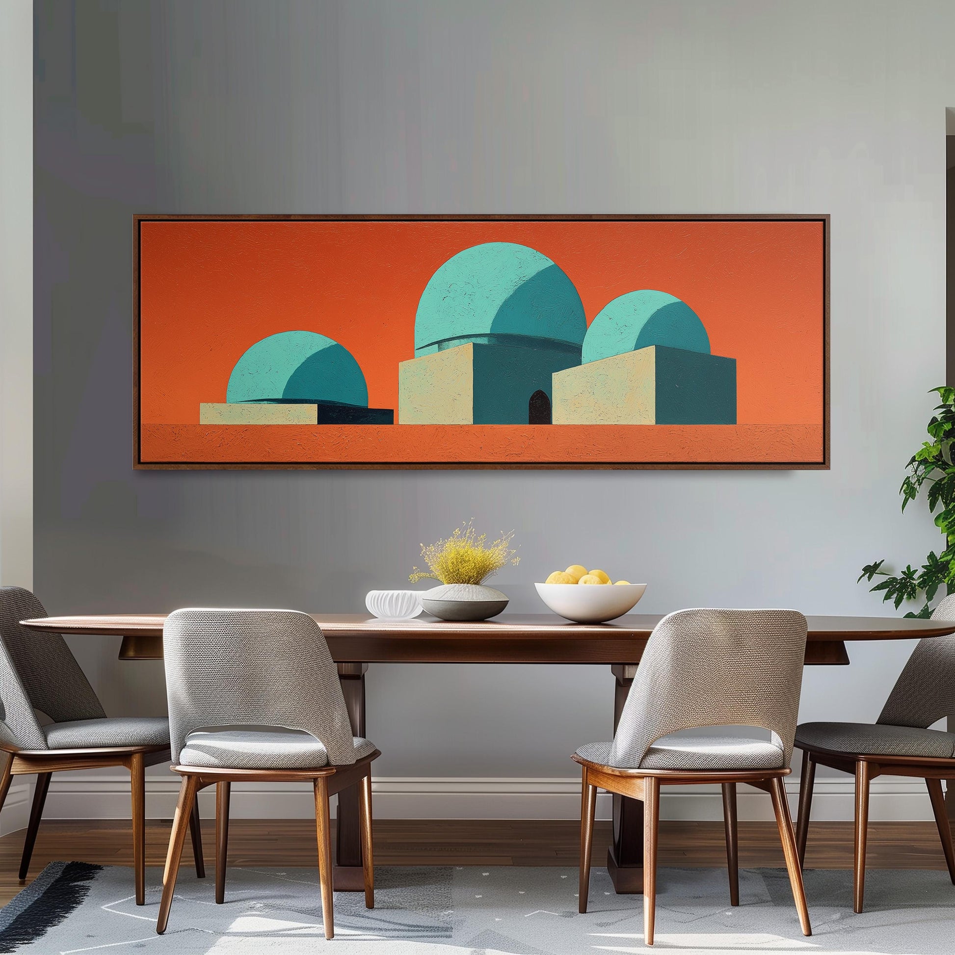 a modern dining room with a large abstract painting hanging on the wall above a wooden dining table with four chairs. The painting depicts three green domes arranged in a row, creating a striking visual focal point in the room.
