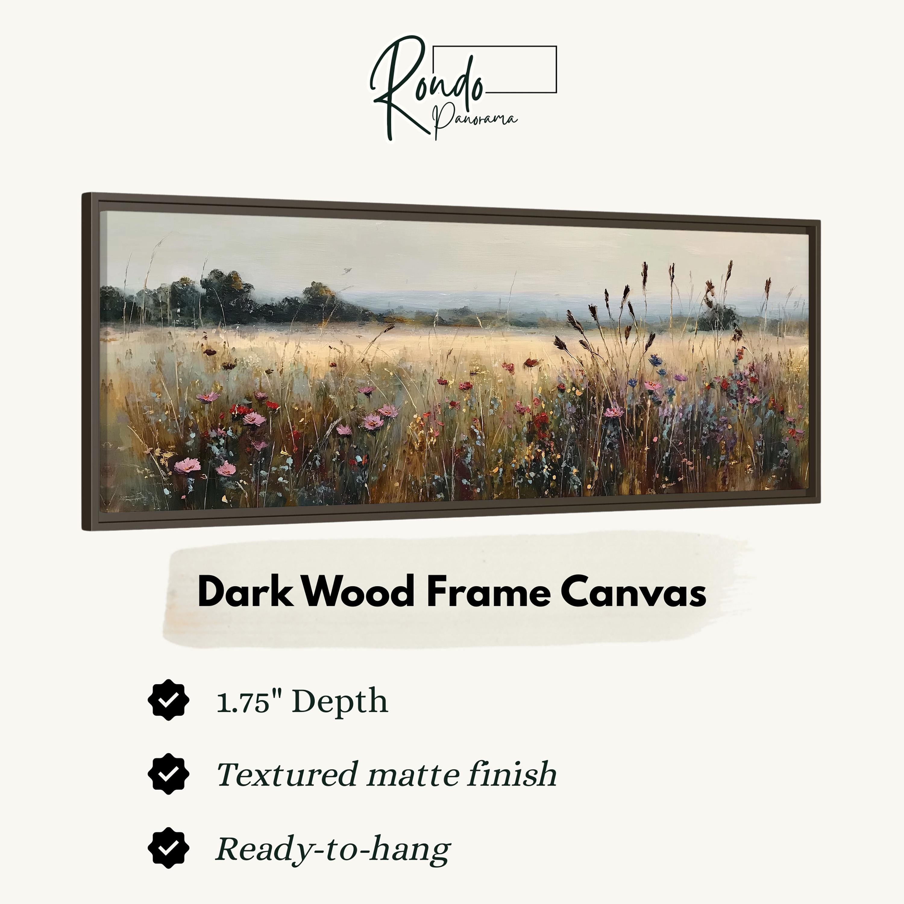 The image is a framed painting depicting a field of flowers with a background of trees and a hazy sky.