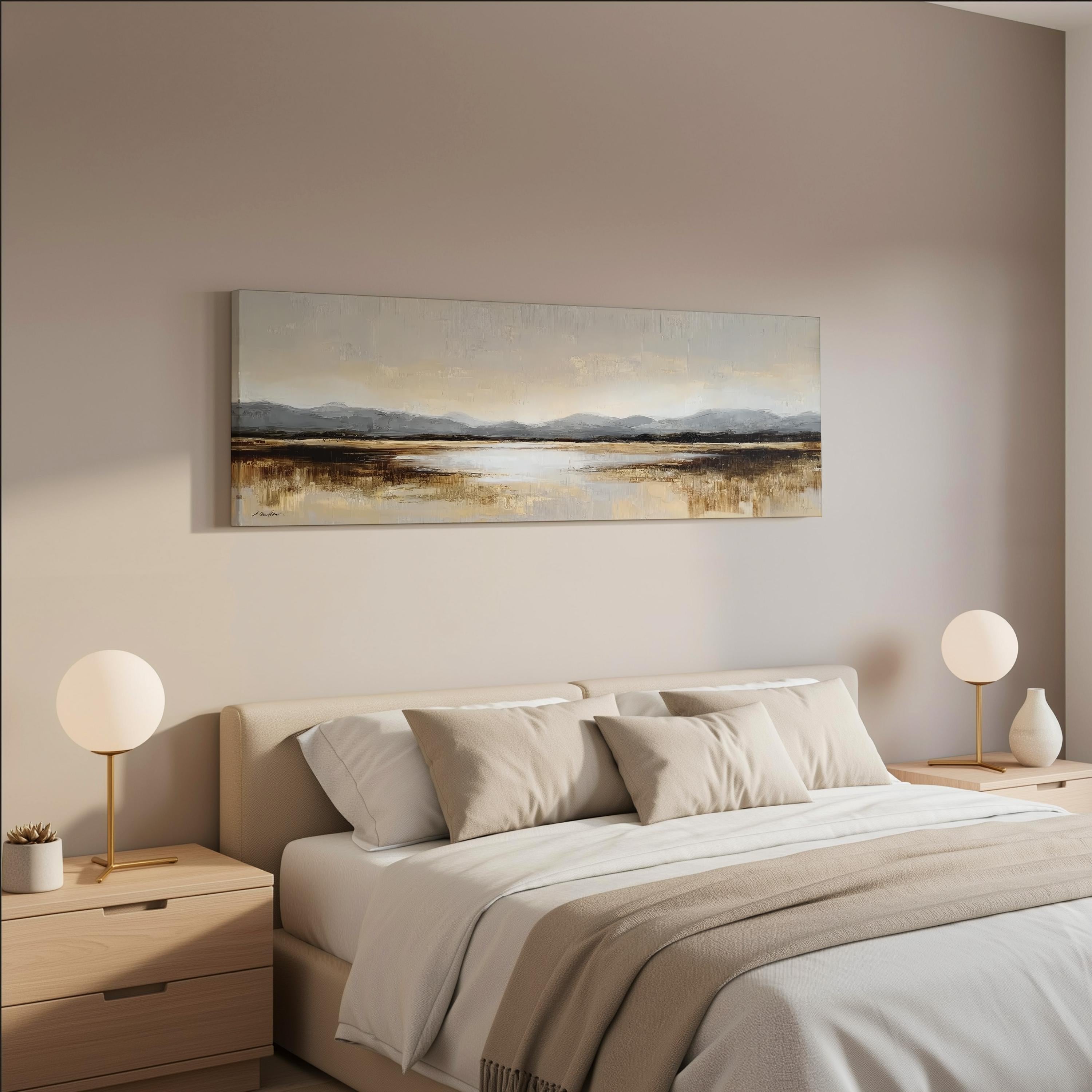 a serene bedroom with a large bed, two nightstands with lamps, and a painting of a landscape hanging above the bed.