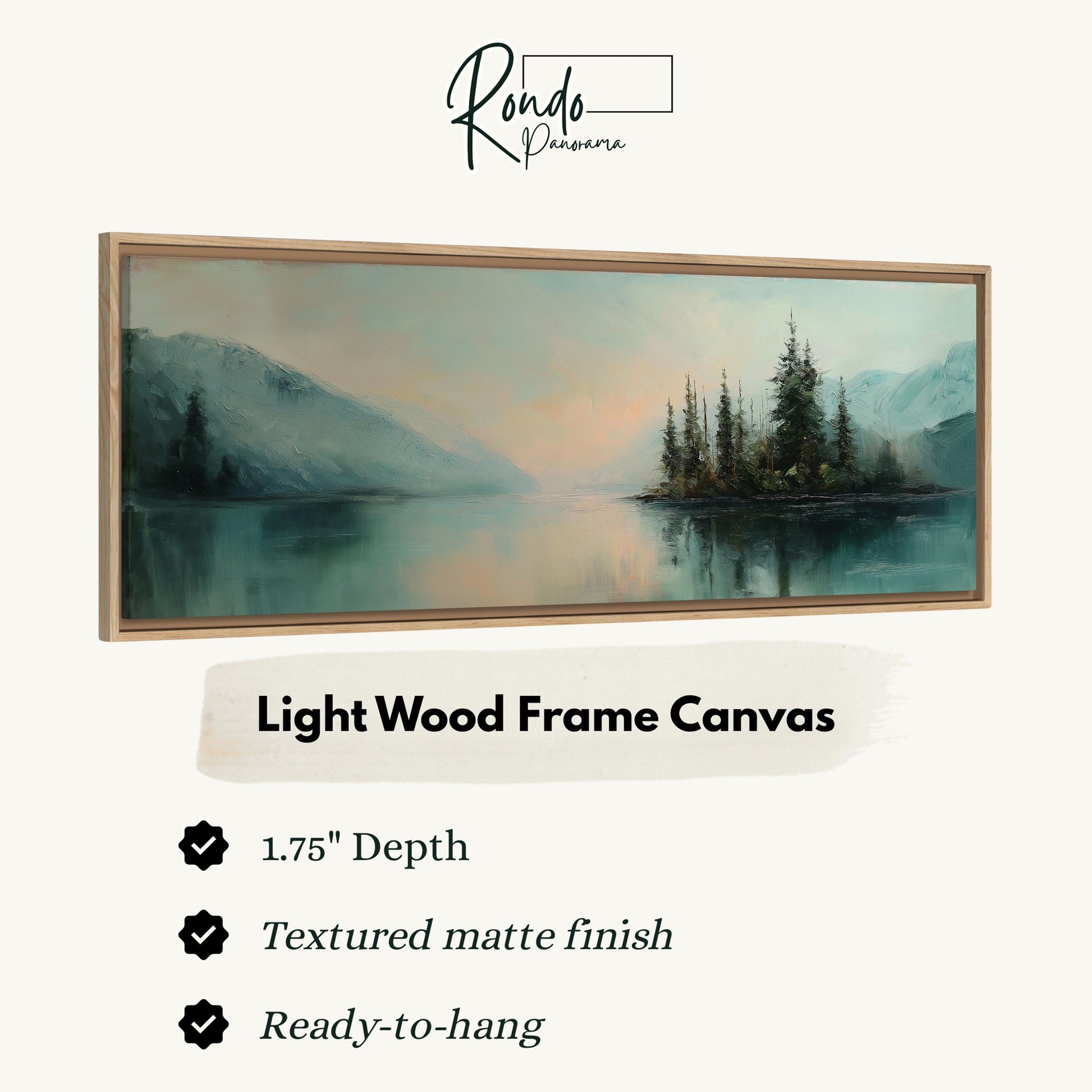 The image is a light wood frame canvas depicting a serene landscape with a lake and mountains in the background.