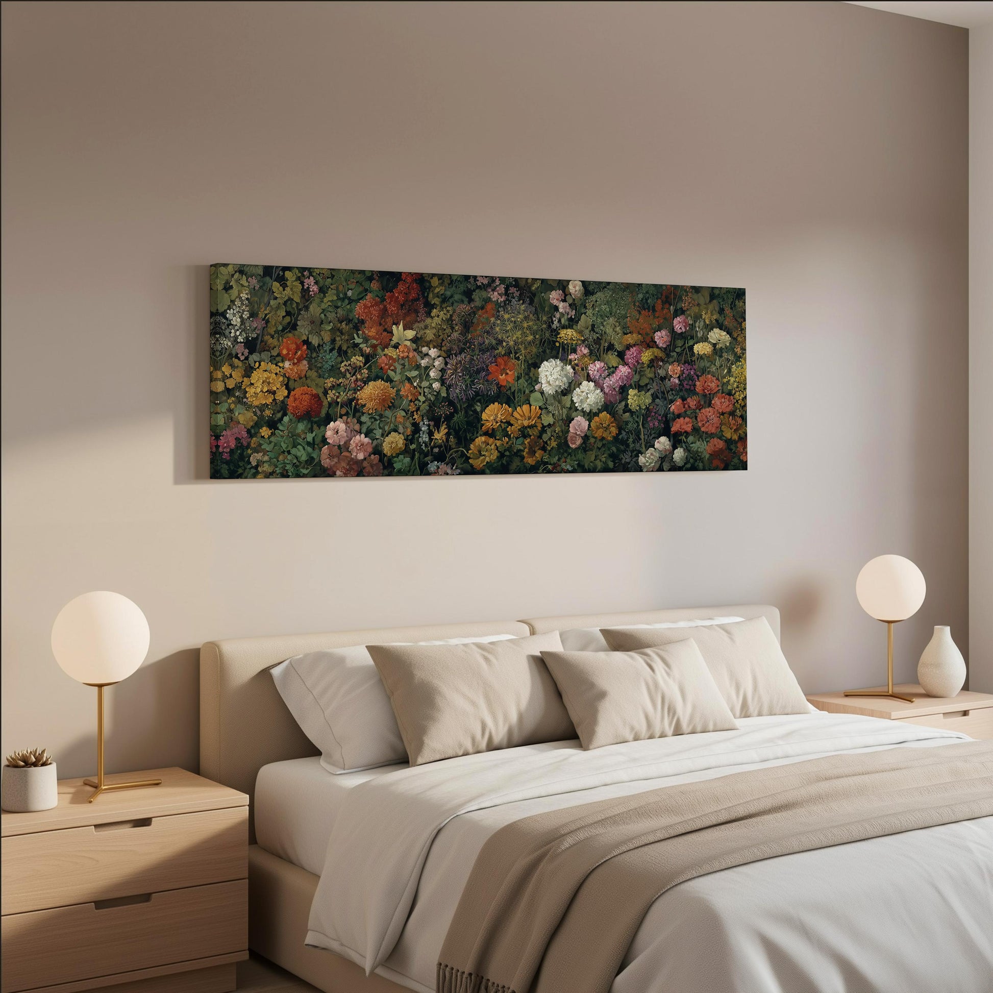 a bedroom with a large bed, two nightstands with lamps, and a painting of a colorful floral arrangement hanging above the bed.