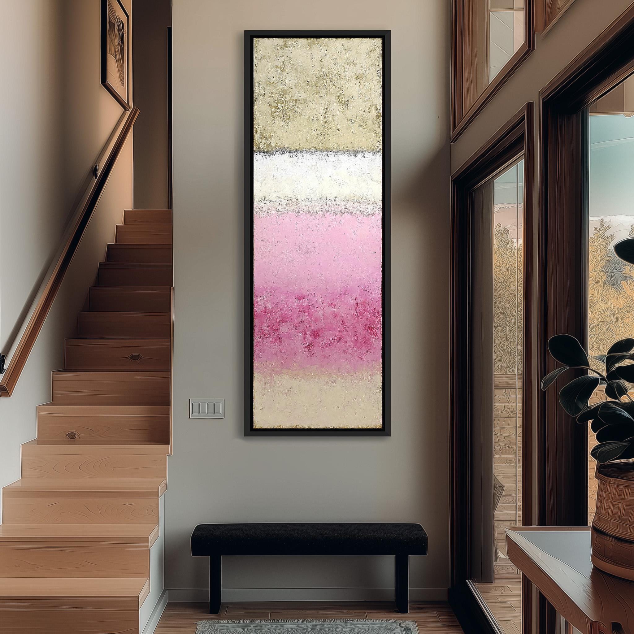 a modern and minimalist interior design with a large abstract painting hanging on the wall above a black bench. The painting has a pink and white color scheme, creating a visually striking focal point in the space.