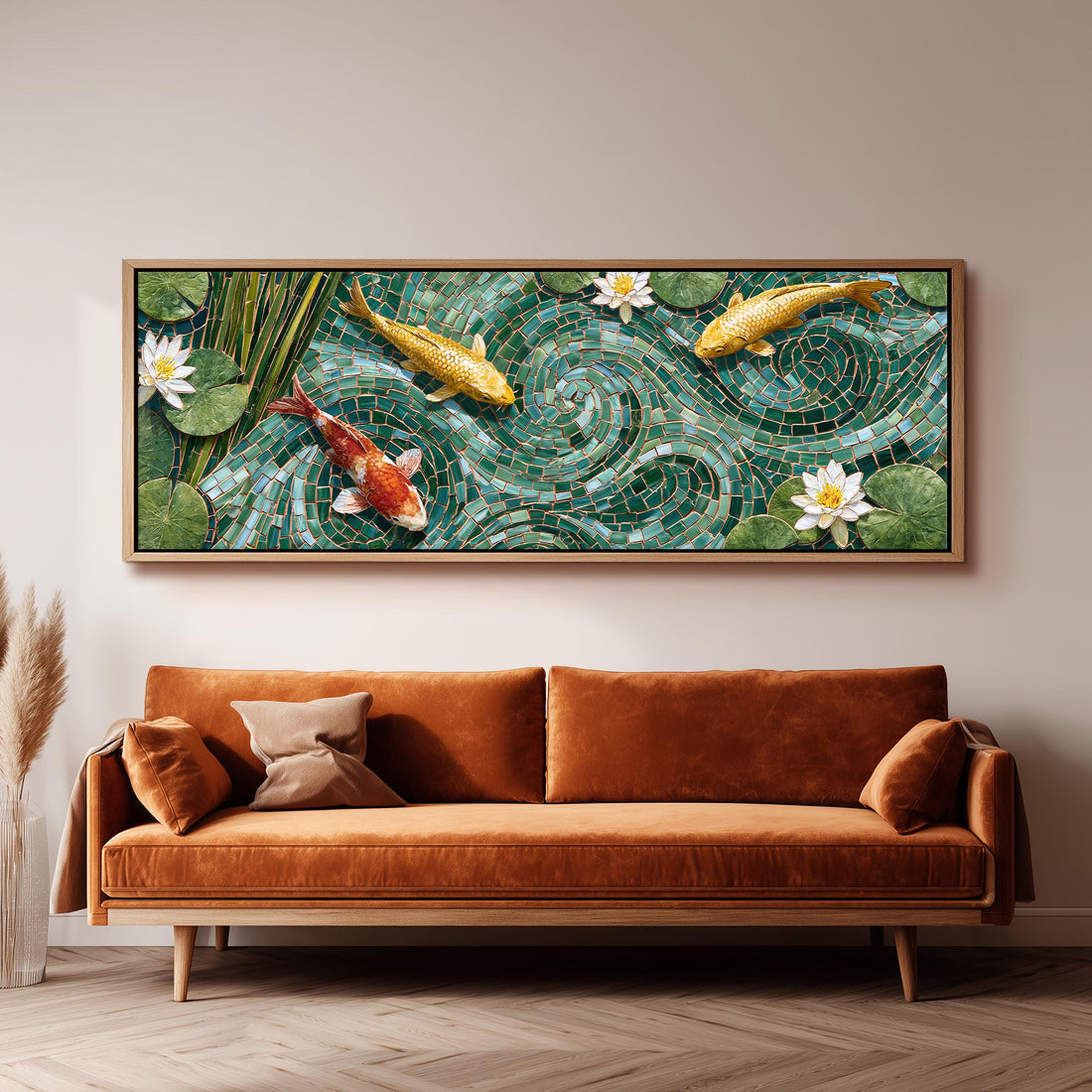 Koi fish in a green mosaic pond long horizontal canvas print above a sofa in a living room
