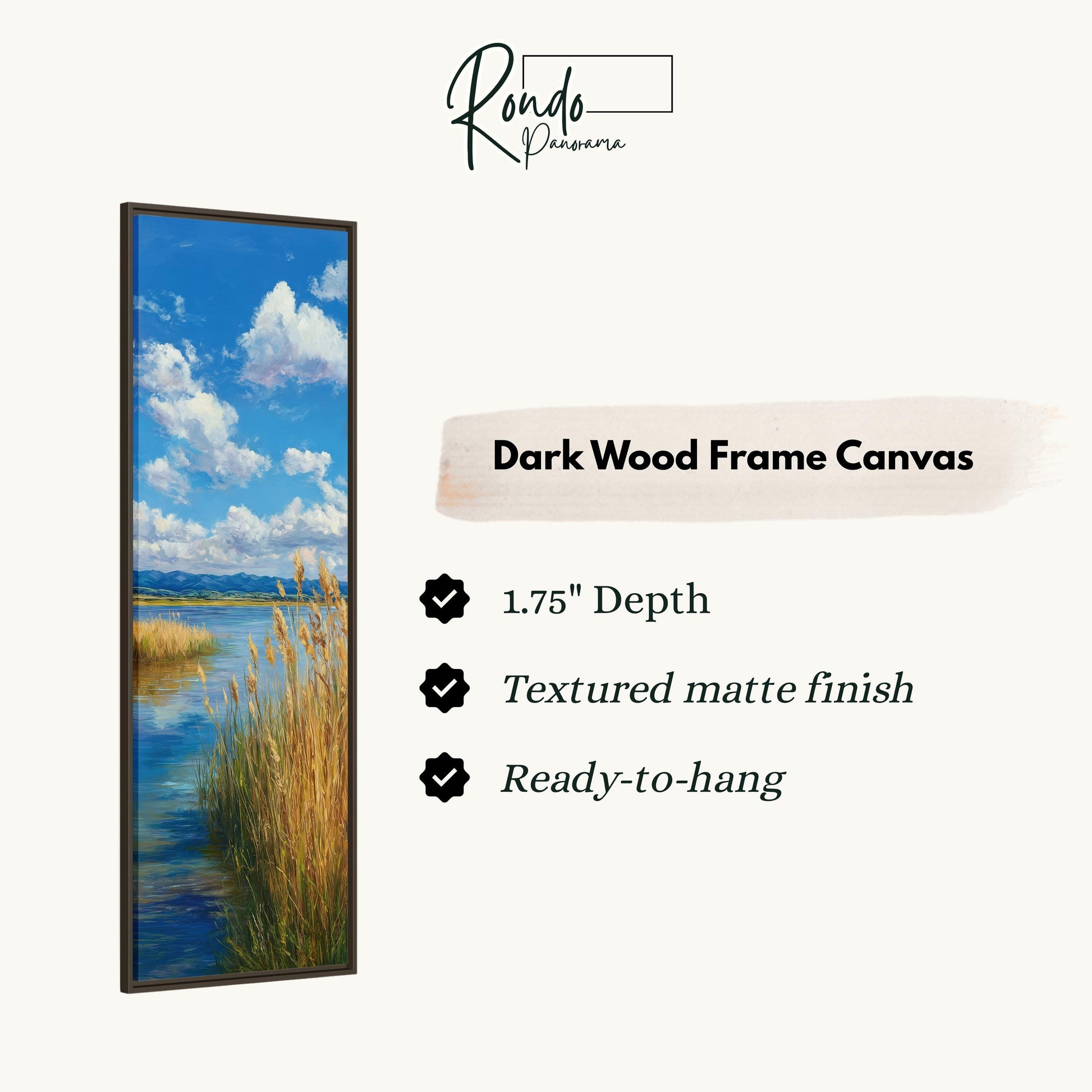 The image is a rectangular dark wood frame canvas depicting a serene landscape with a body of water and tall grasses.
