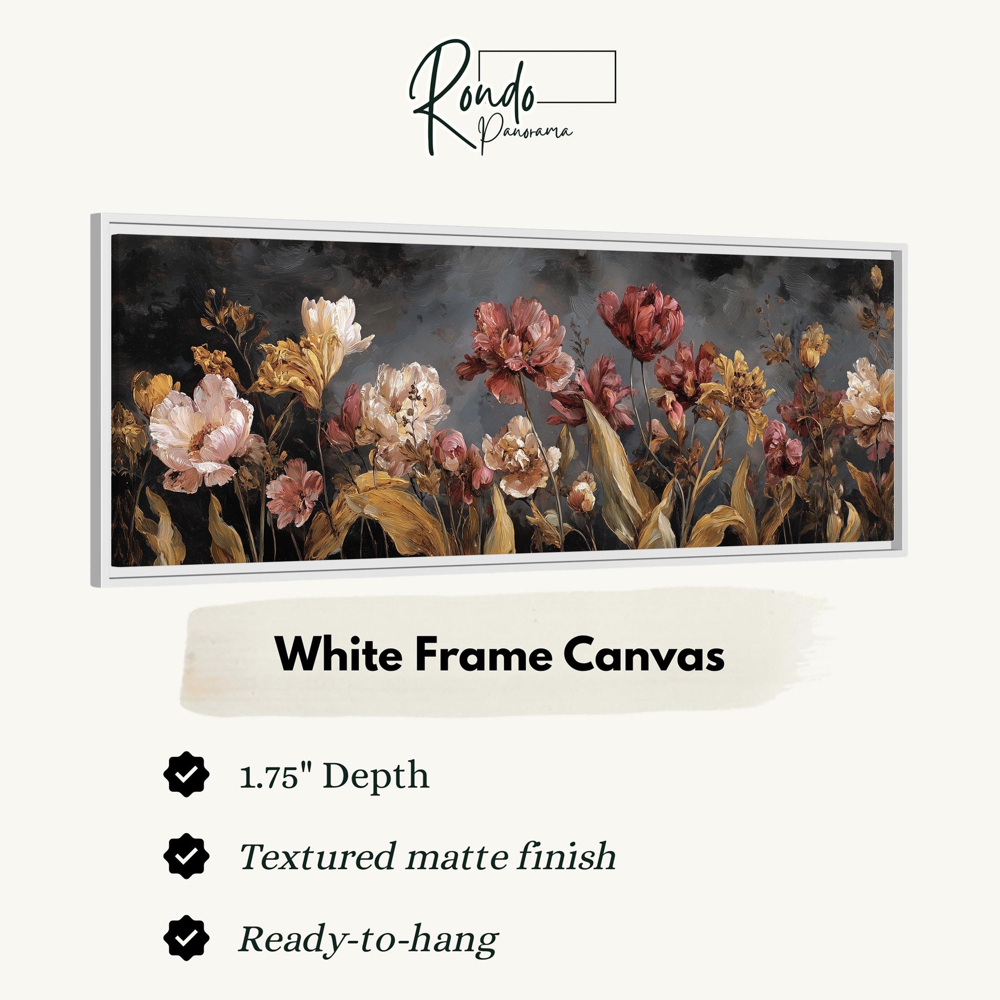 The image is a framed artwork depicting a field of flowers with a textured finish.