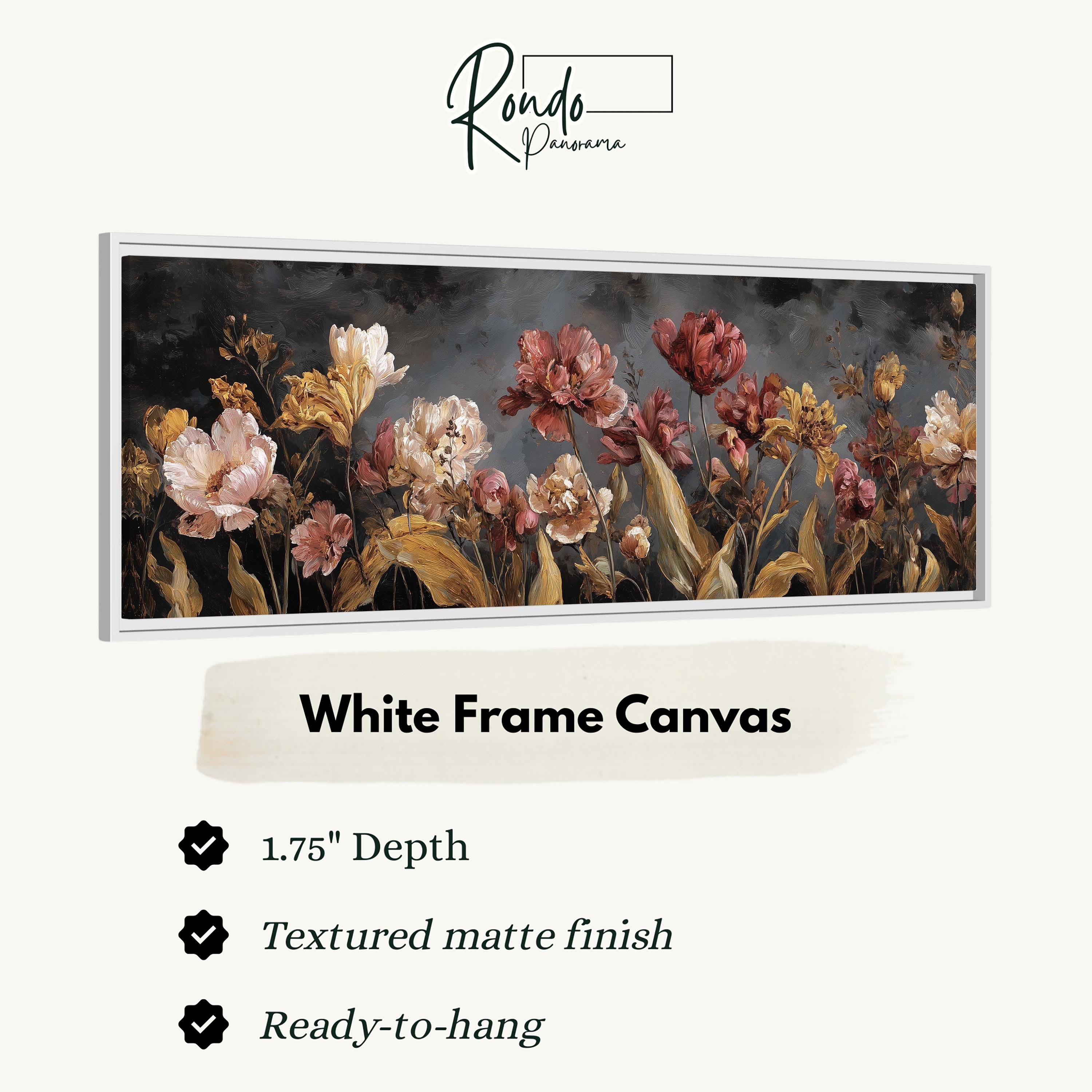 The image is a framed artwork depicting a field of flowers with a textured finish.