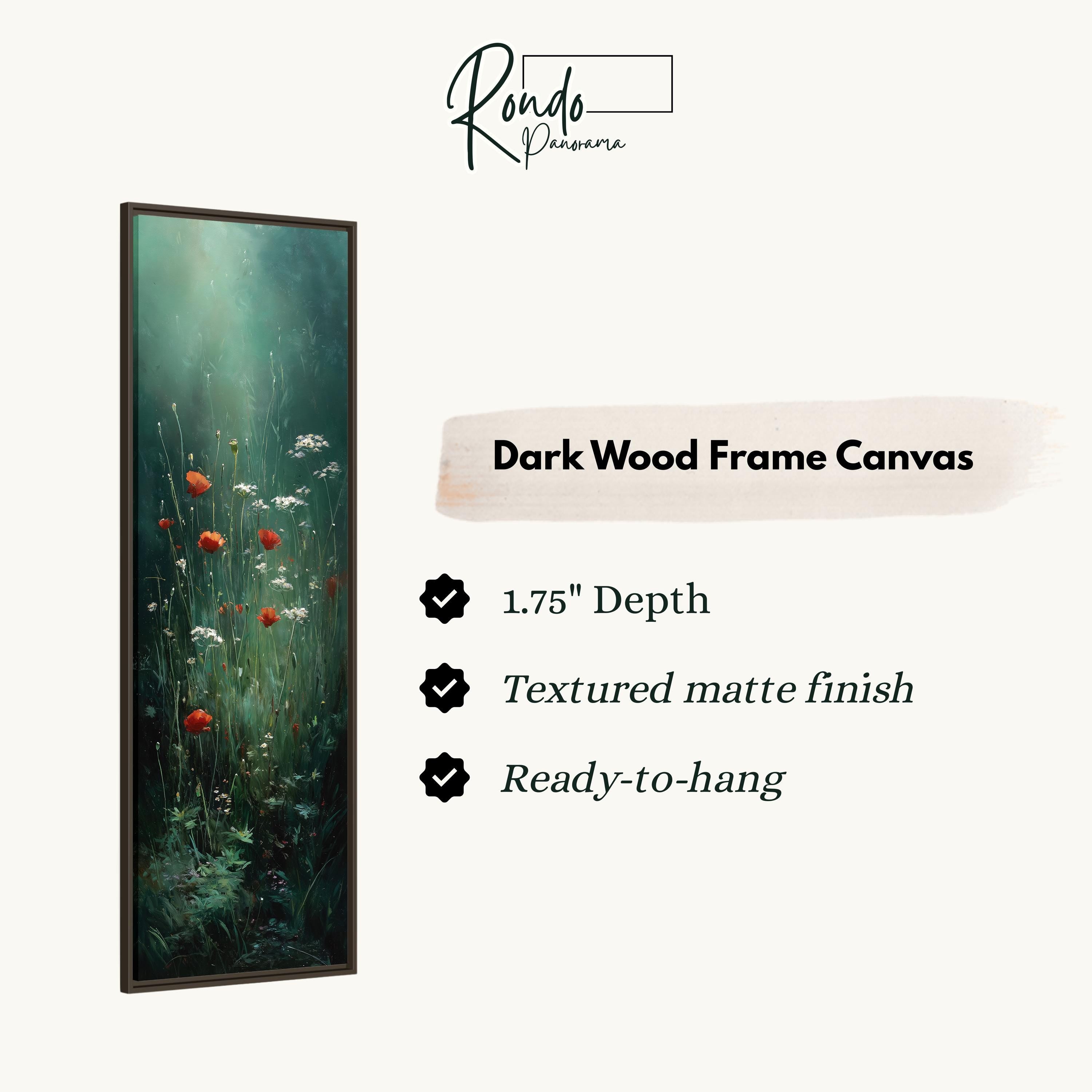 The image is a dark wood frame canvas featuring a painting of red poppies and white flowers.