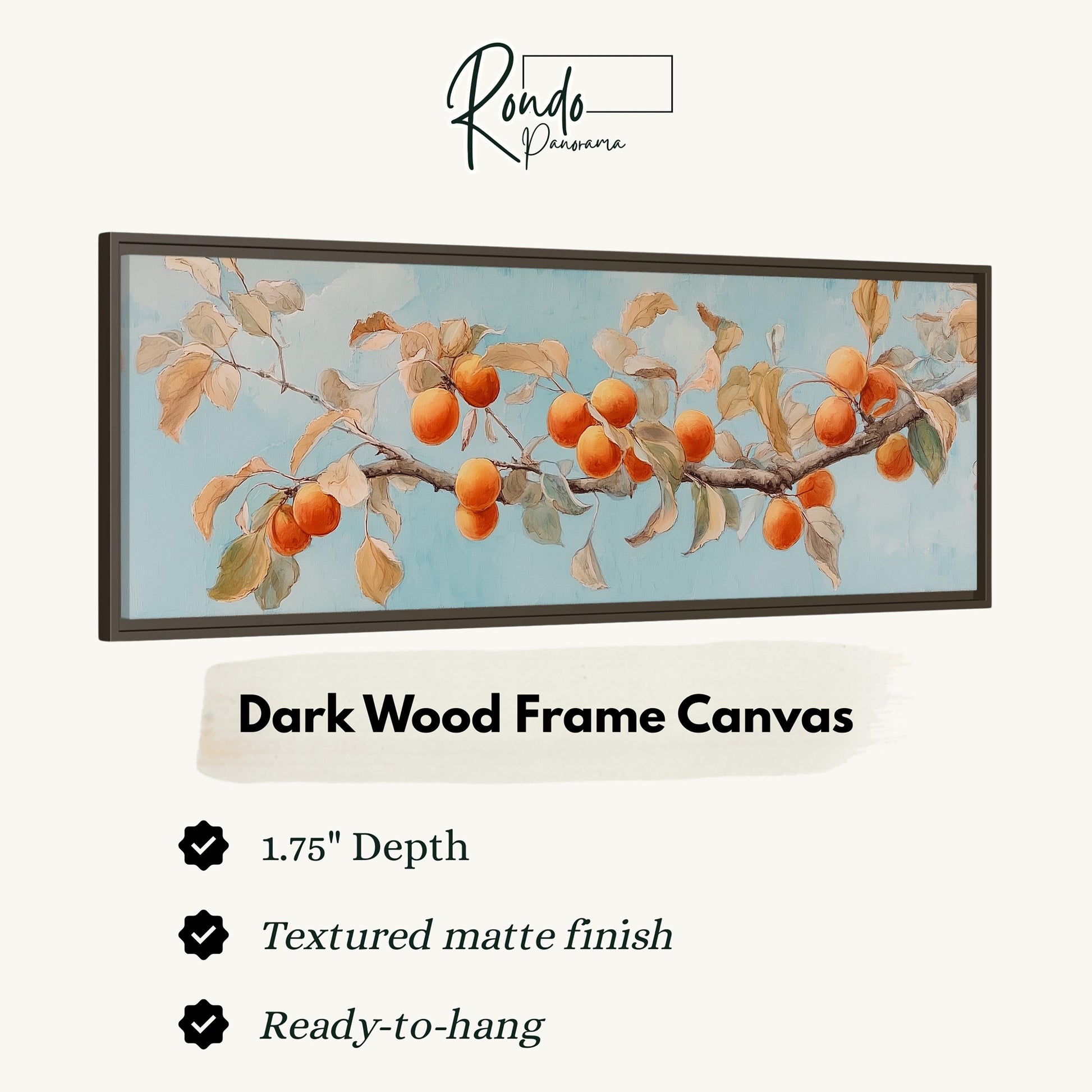 The image is a framed canvas depicting a branch with orange fruits, likely peaches, against a blue background.
