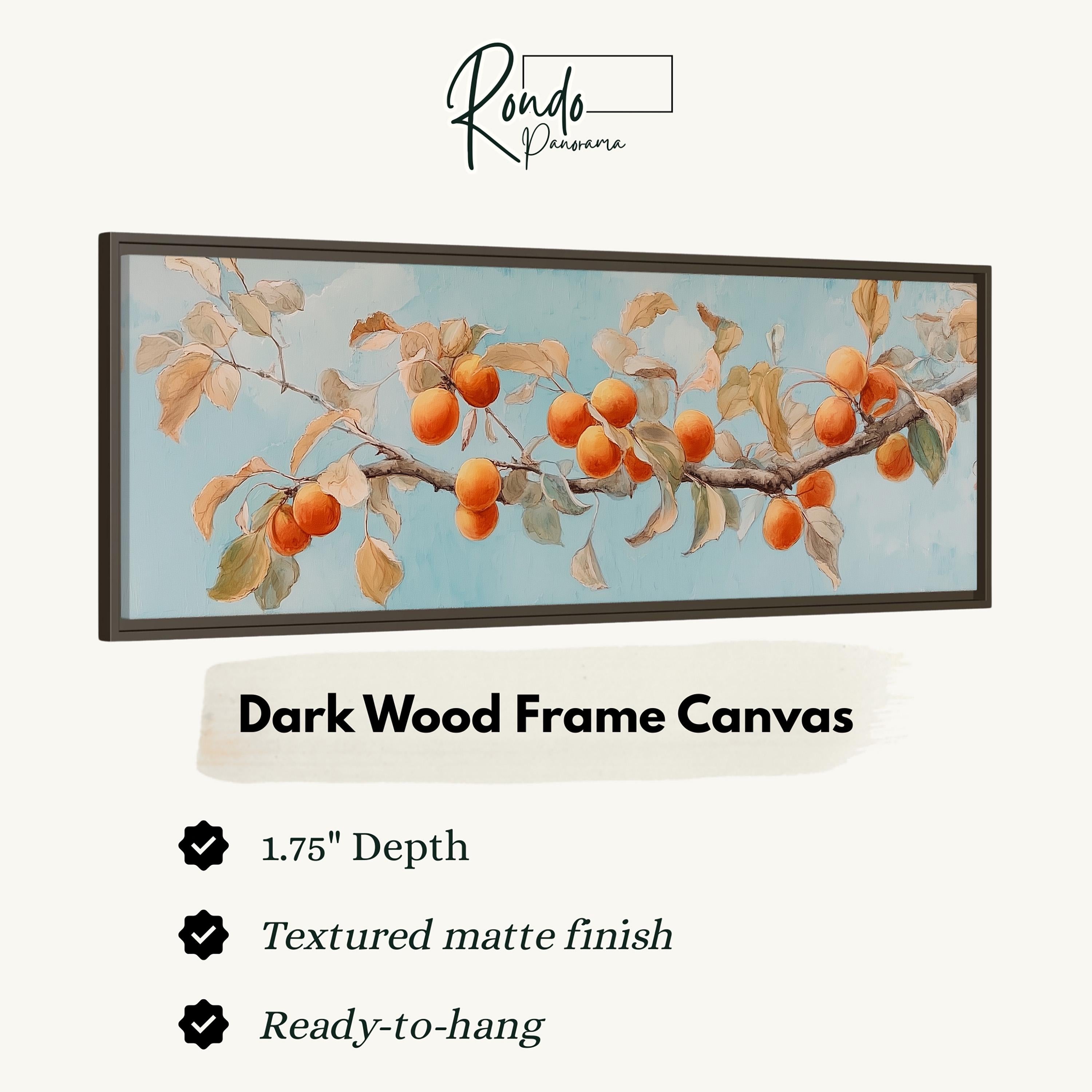 The image is a framed canvas depicting a branch with orange fruits, likely peaches, against a blue background.