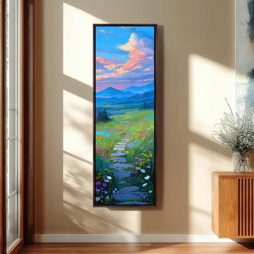 a large, colorful painting of a winding path leading through a lush, flower-filled field, with mountains visible in the distance under a vibrant sky.