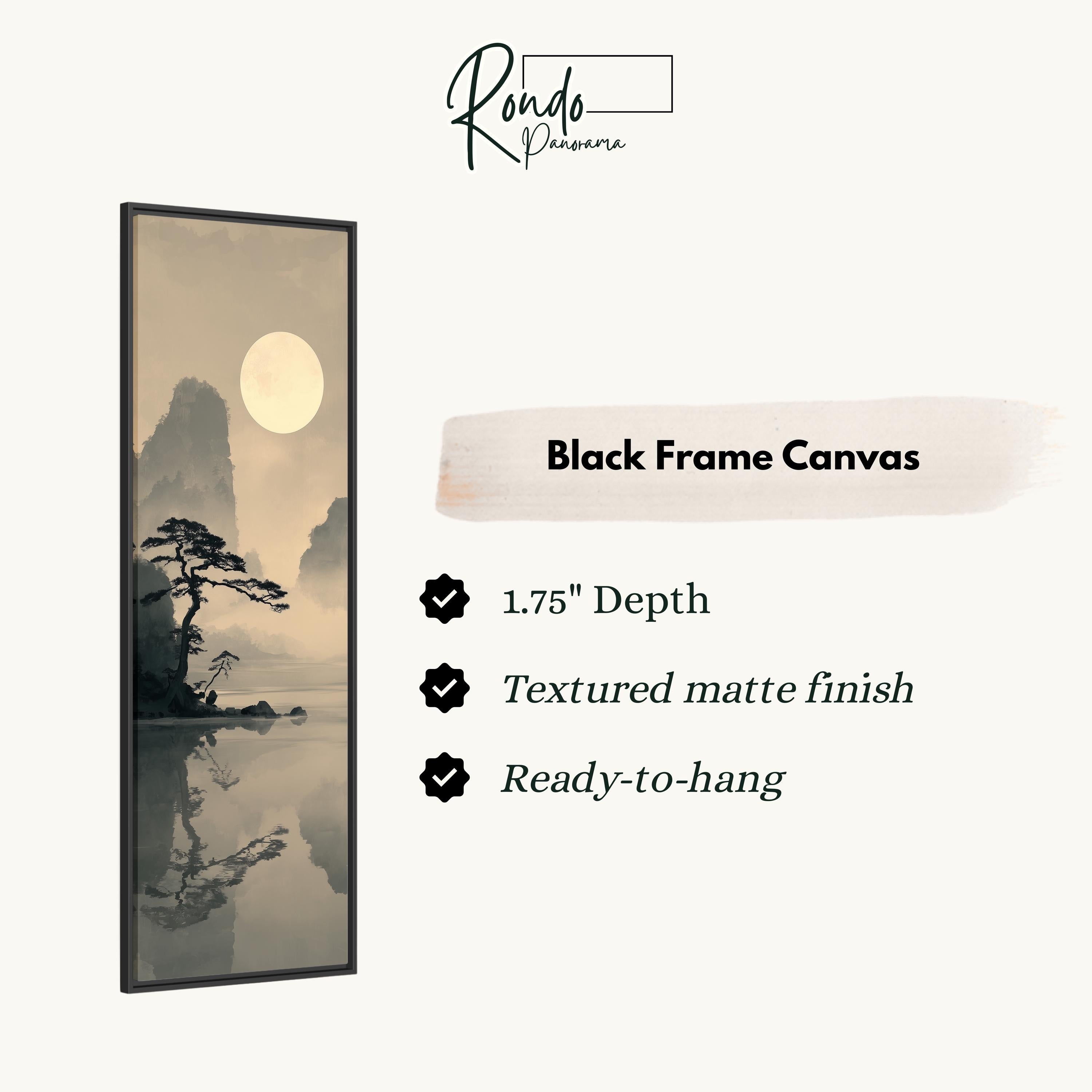 The image is a black frame canvas depicting a serene landscape with a tree and a body of water reflecting the moon.