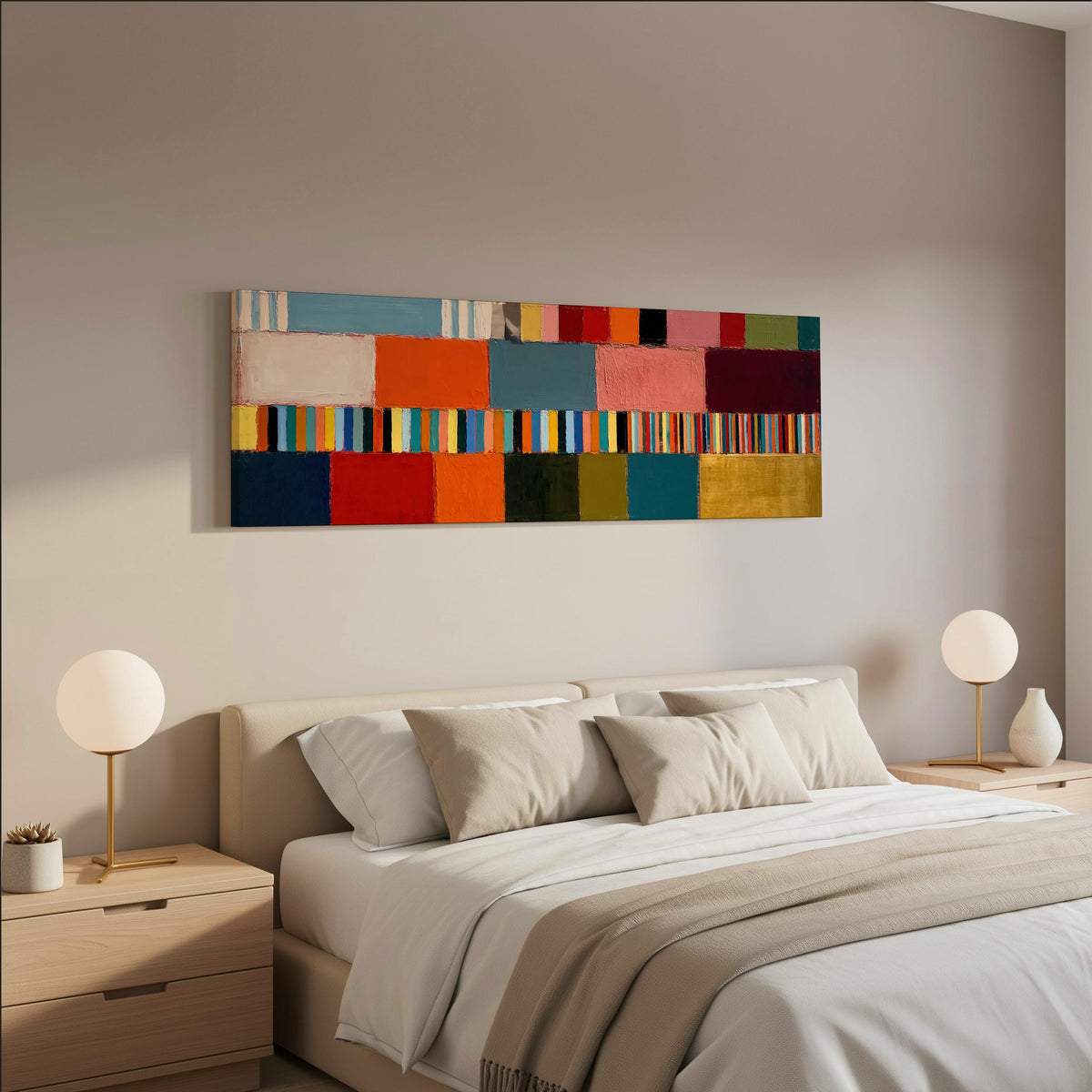 Rainbow patchwork color bands wide panoramic canvas print above a bed in a neutral bedroom