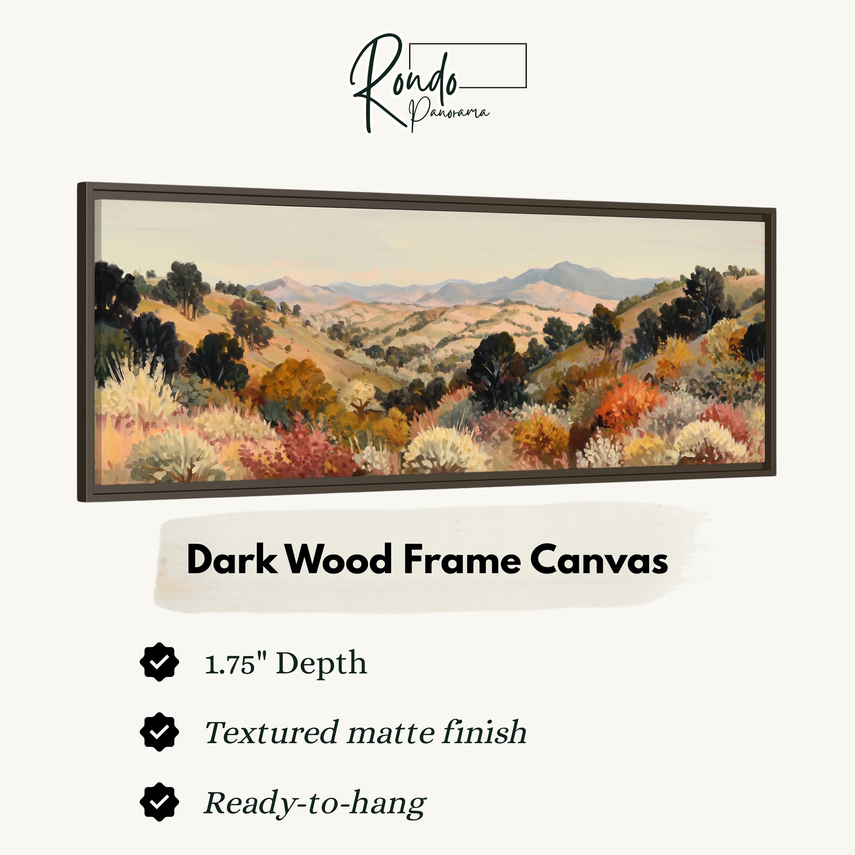 The image is a framed artwork depicting a scenic landscape with mountains and trees.