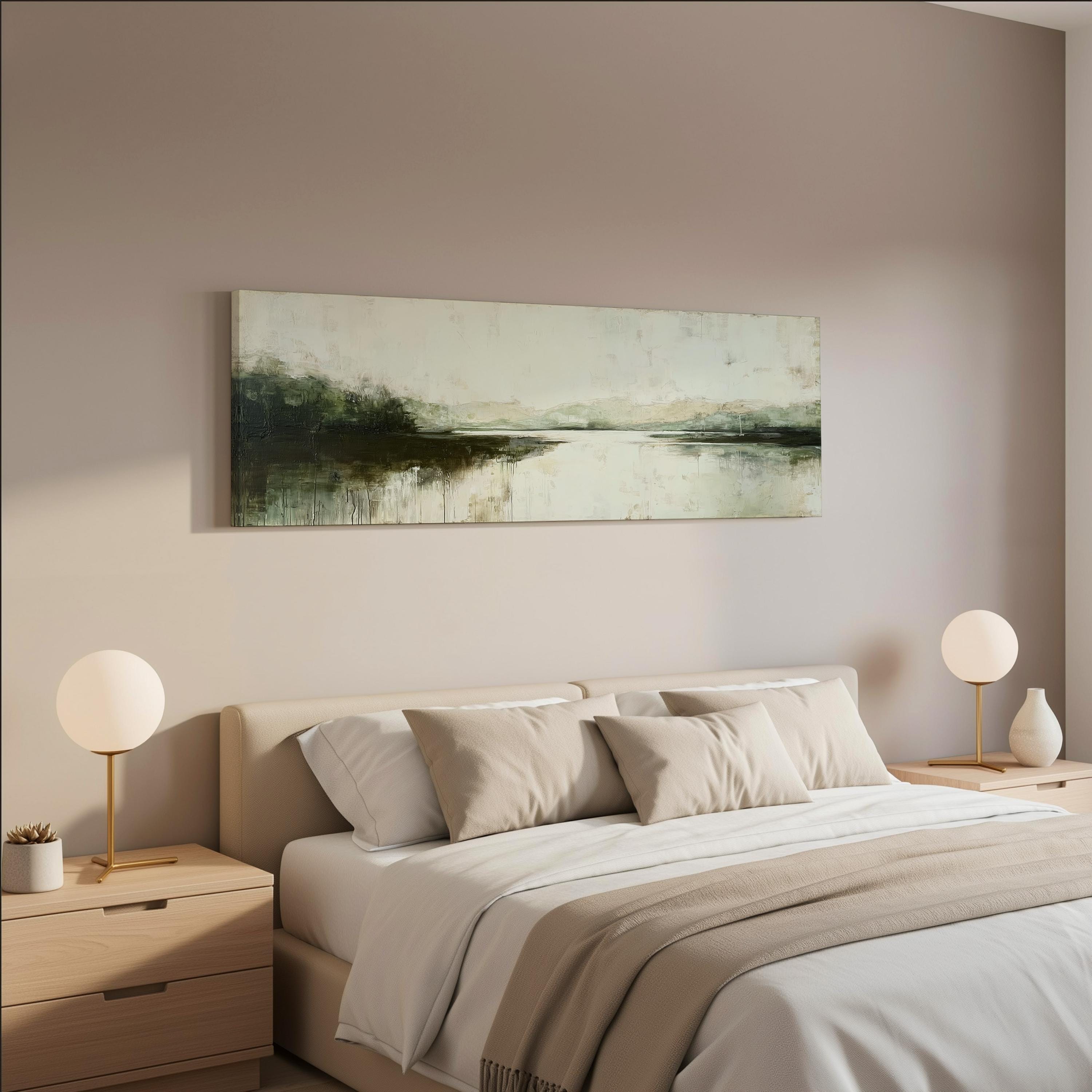 a serene bedroom with a large bed, two nightstands with lamps, and a painting hanging above the bed.