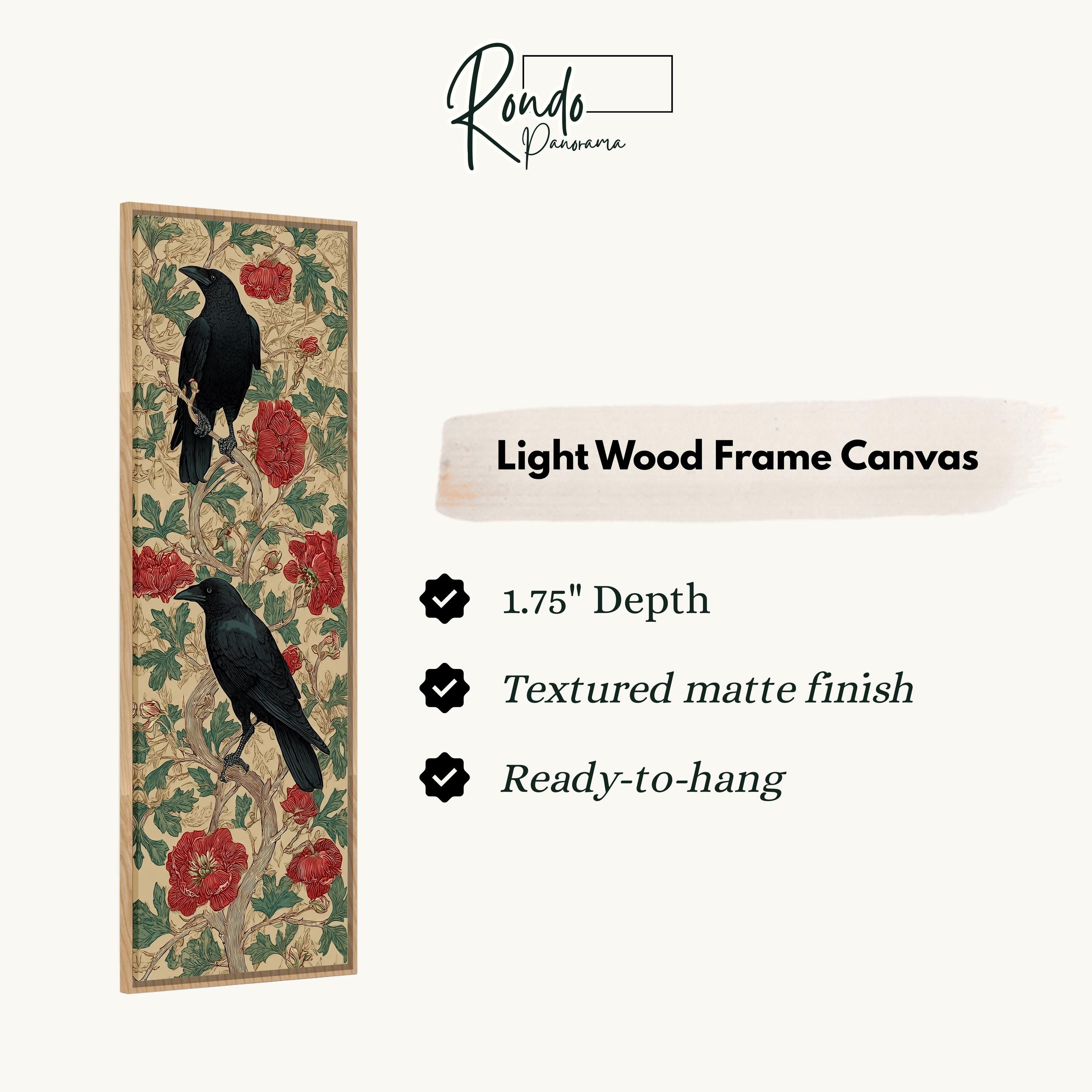 The image is a light wood frame canvas featuring a black crow perched on a branch with red flowers. The canvas has a 1.75" depth, is textured with a matte finish, and is ready to hang.