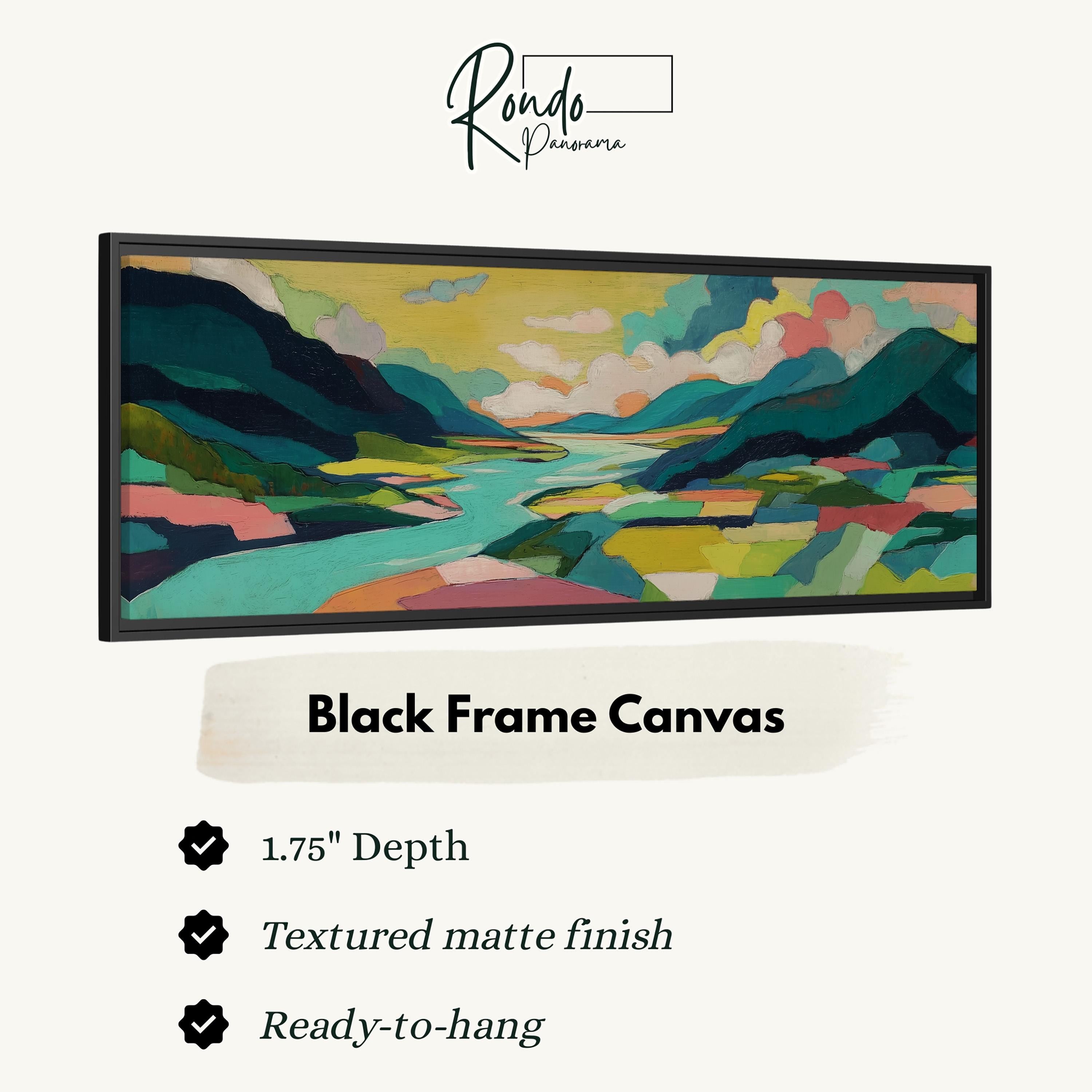The image is a black frame canvas depicting a landscape with mountains, a river, and a sky with clouds.