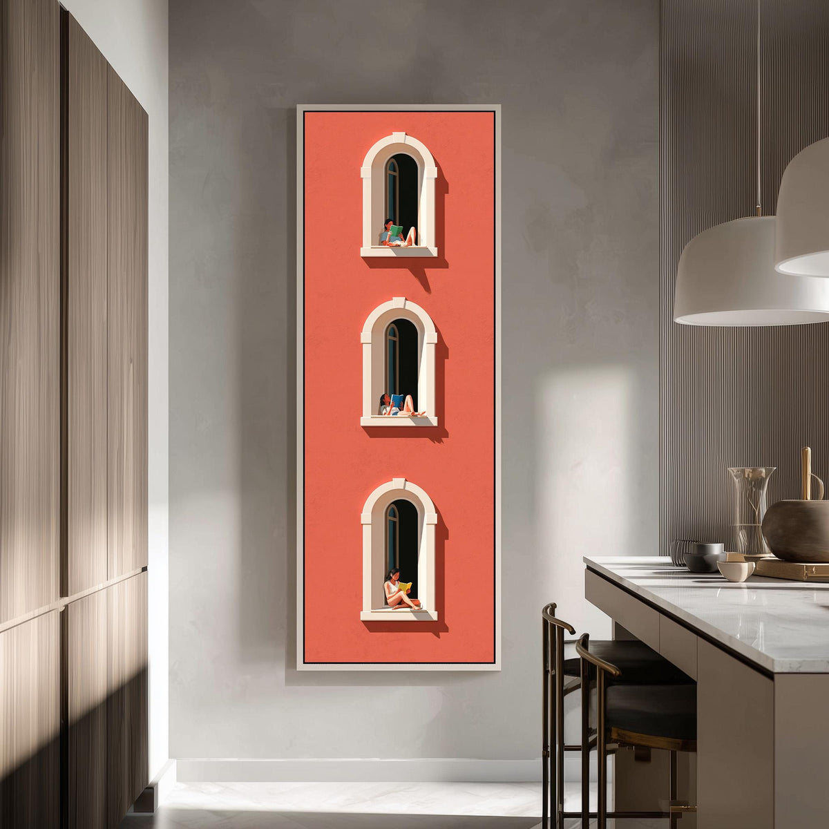 People reading in three arched windows on a coral wall tall skinny canvas print in a modern kitchen