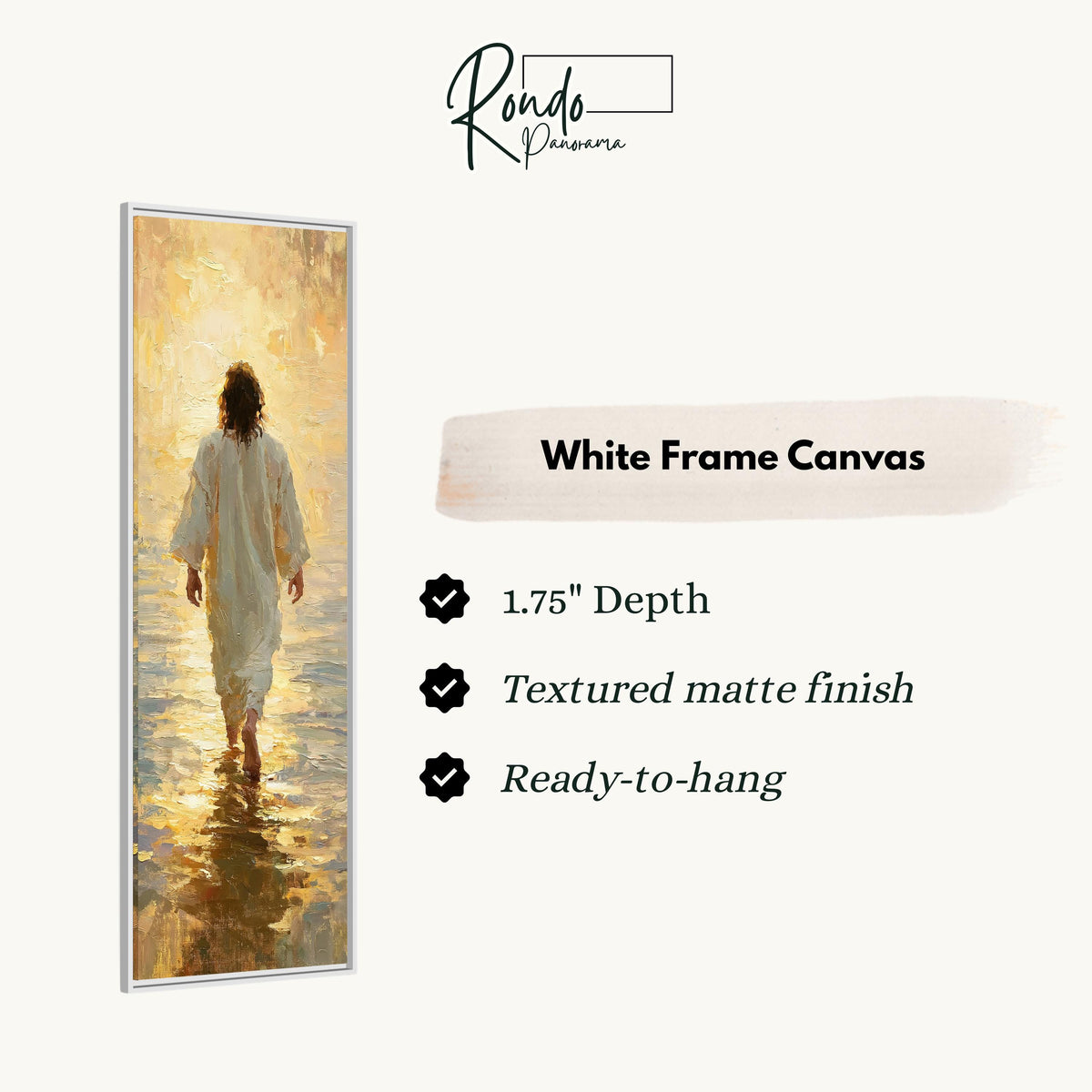 Jesus walking into golden light over water canvas print in a white floating frame
