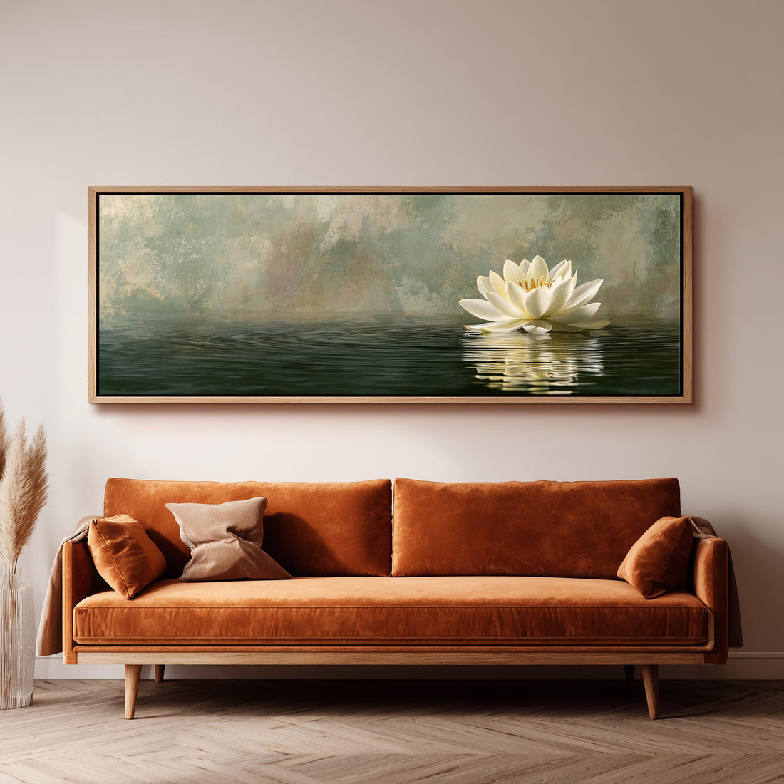 White water lily in soft mist long horizontal canvas print above a sofa in a living room