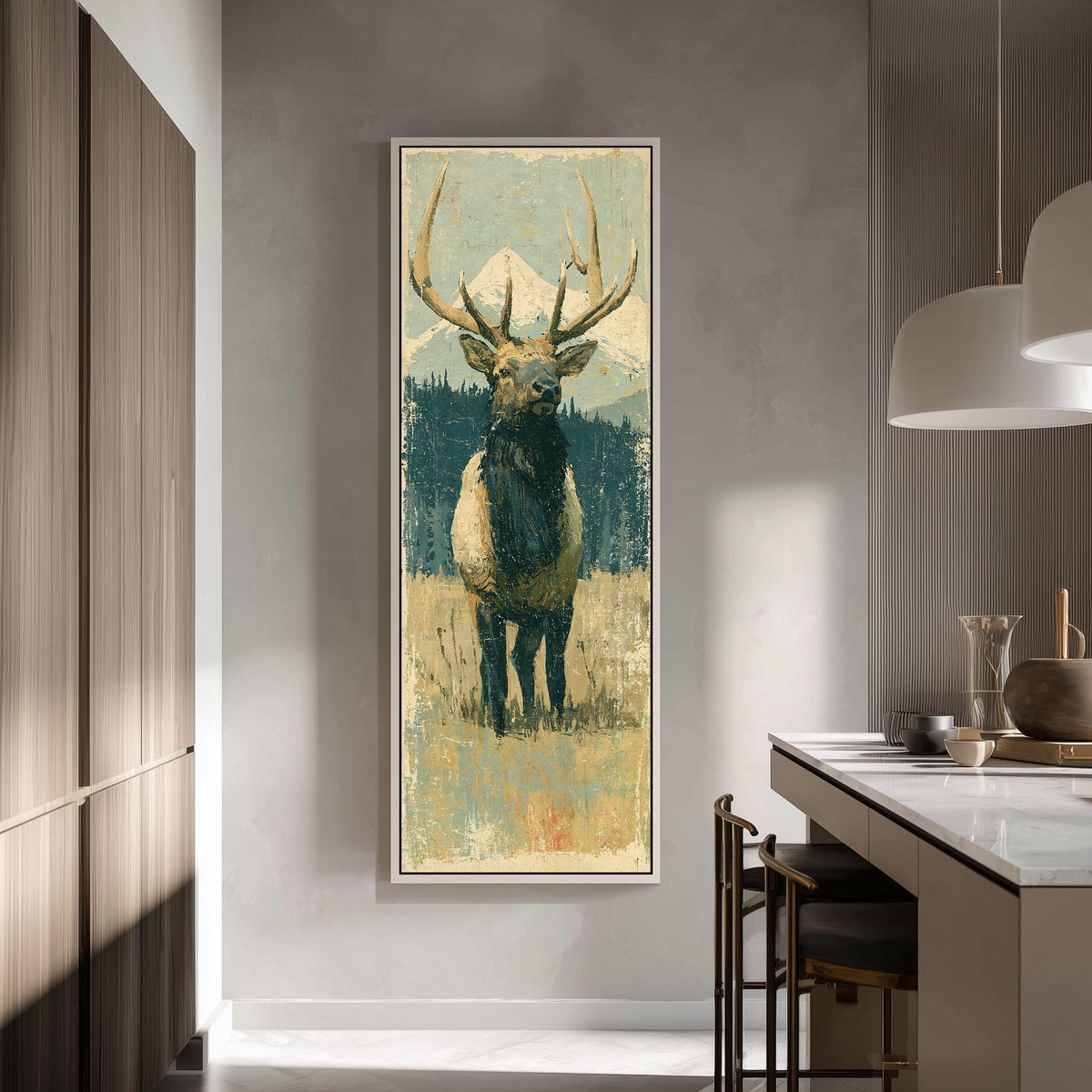 Rustic elk standing in an alpine meadow tall skinny canvas print in a modern kitchen
