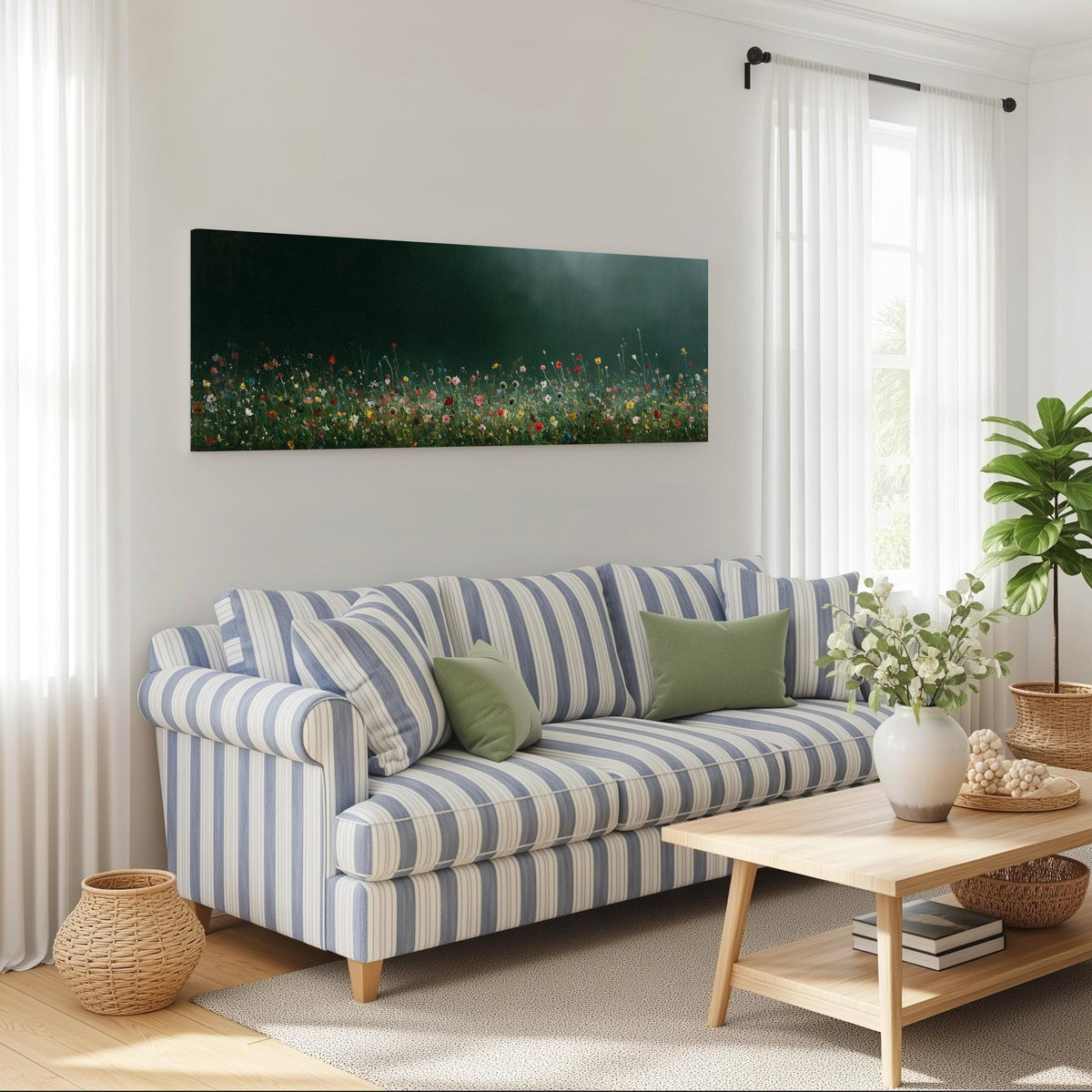 Wildflower field under a misty teal sky long horizontal canvas print above a striped sofa in a coastal living room