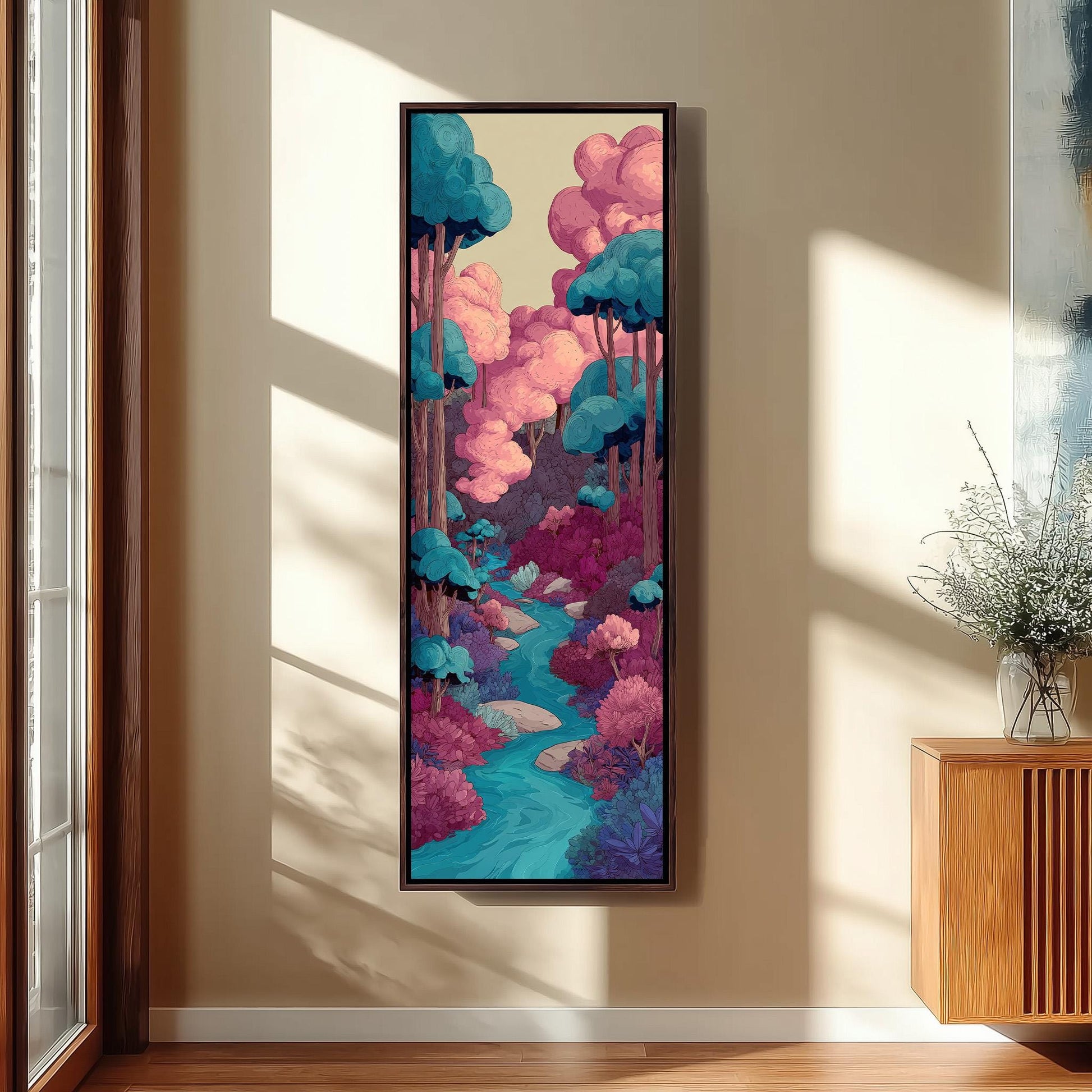 a large, colorful painting of a forest scene hanging on a wall.
