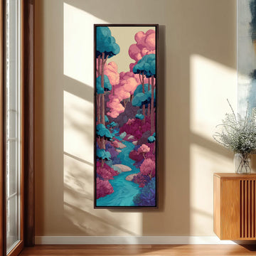 a large, colorful painting of a forest scene hanging on a wall.