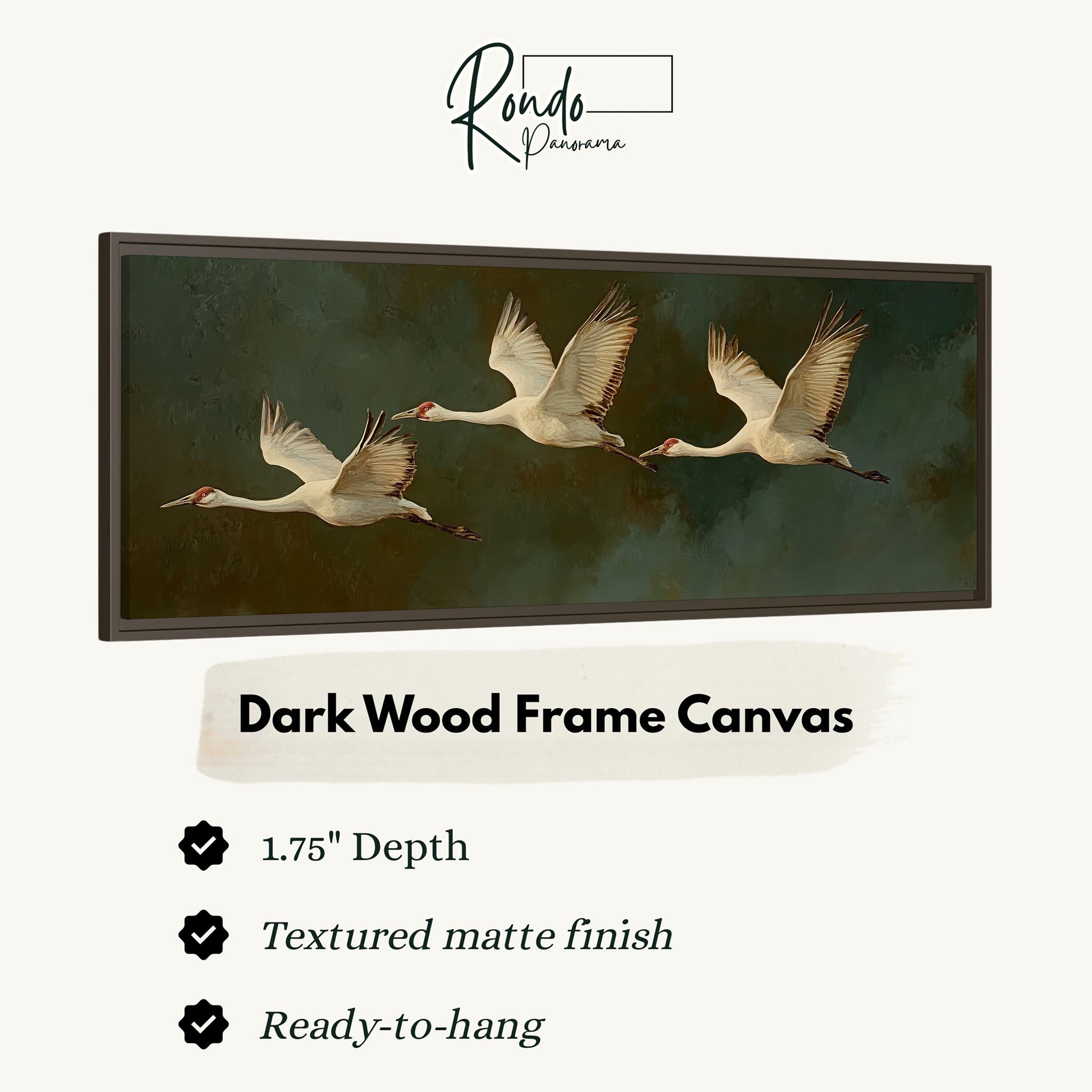 a painting of three swans flying in formation, with a dark wood frame.