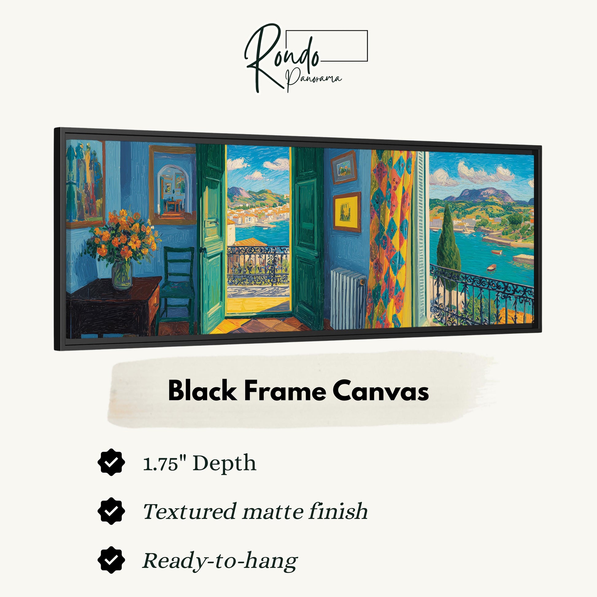 The image is a black frame canvas depicting a colorful and vibrant interior with a view of a city through a window.