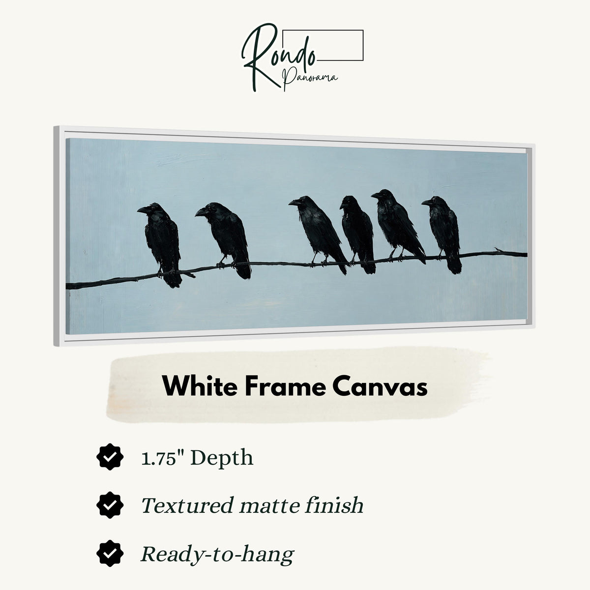 Ravens spaced along a wire canvas print in a white floating frame