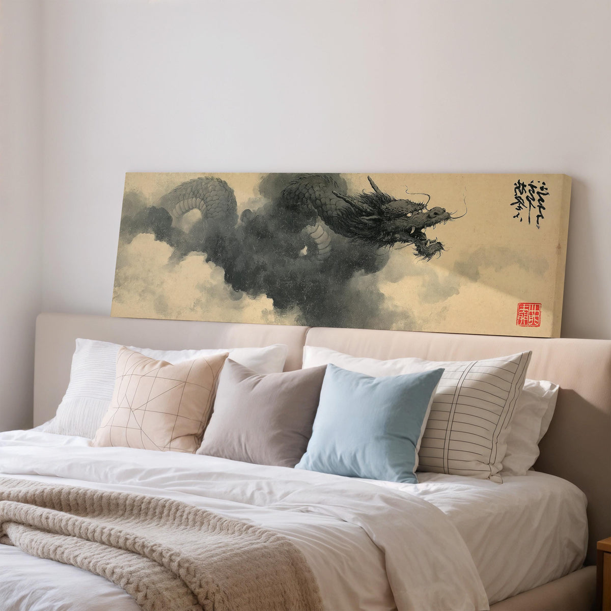 Storm dragon emerging from ink clouds long horizontal canvas print displayed on a wall