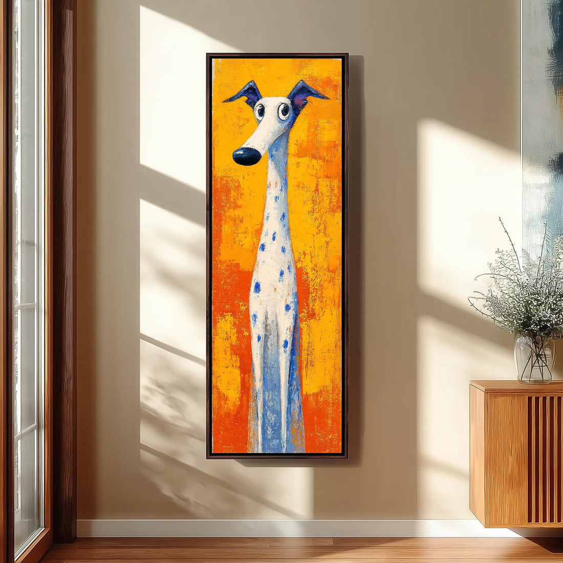 a large, colorful painting of a dog with a blue nose and white spots, hanging on a wall in a room with a wooden cabinet and a vase of flowers.