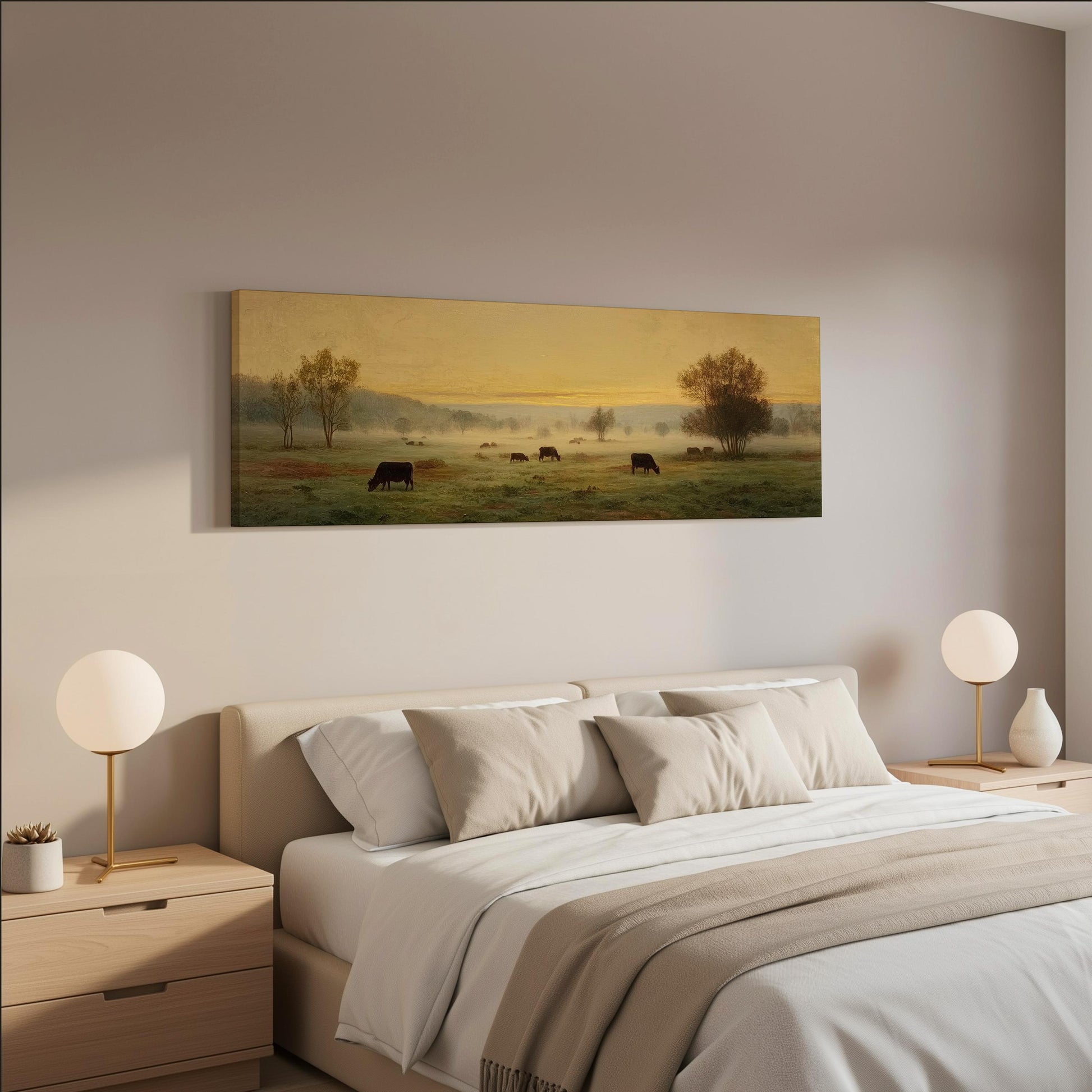a serene bedroom scene with a large painting of a pastoral landscape hanging on the wall above a bed with white bedding and pillows.