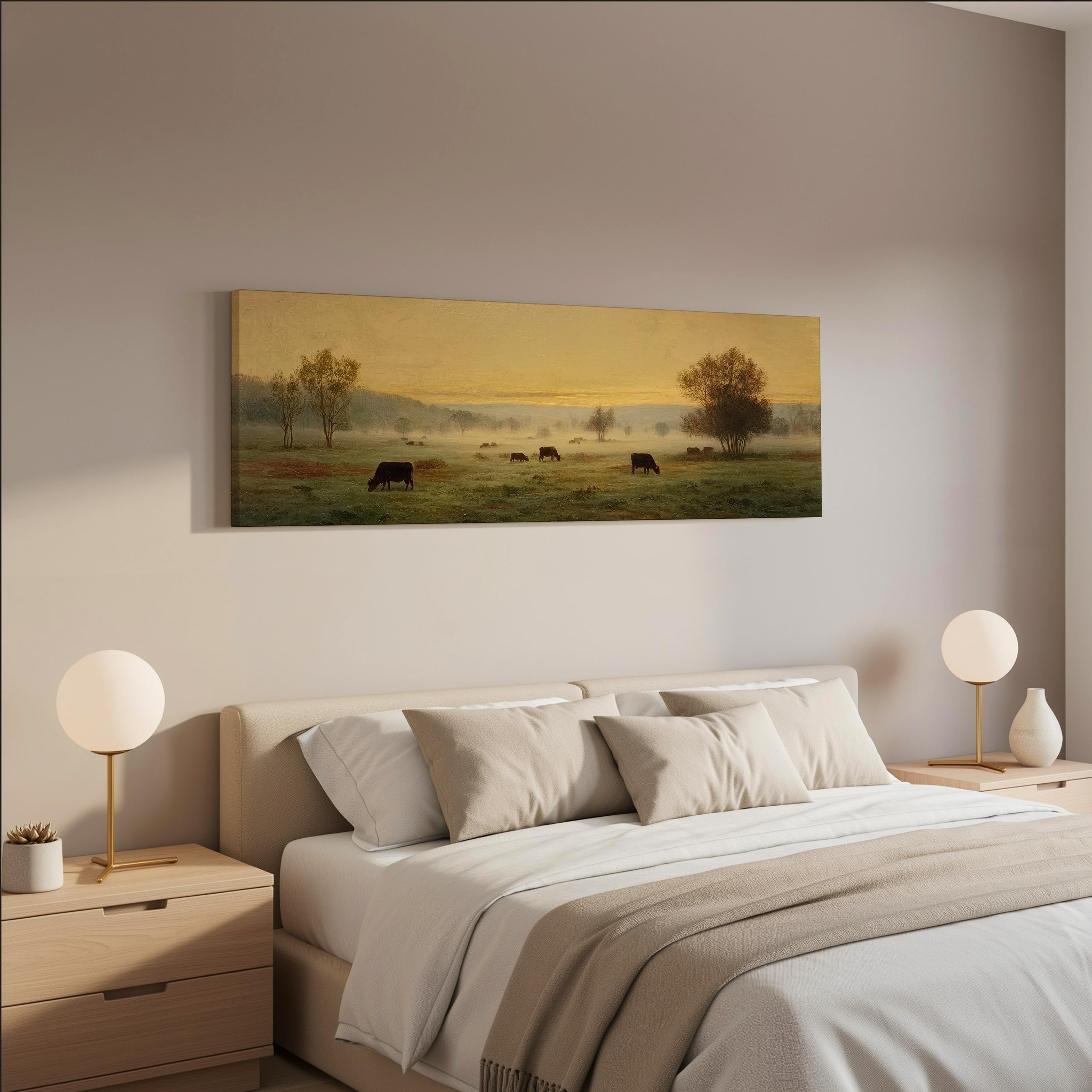 a serene bedroom scene with a large painting of a pastoral landscape hanging on the wall above a bed with white bedding and pillows.
