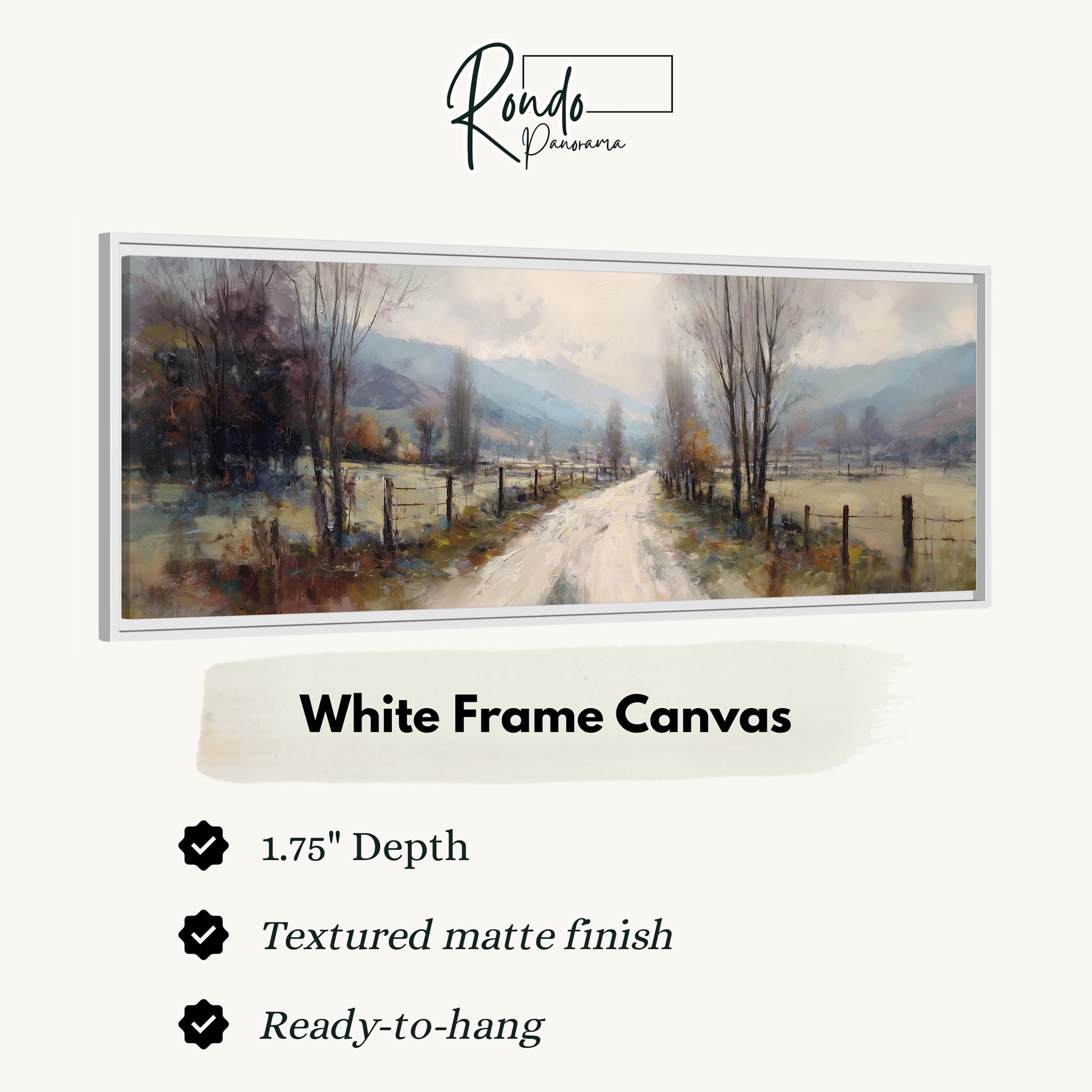 The image is a white frame canvas depicting a rural landscape with a dirt road leading through a field and trees.