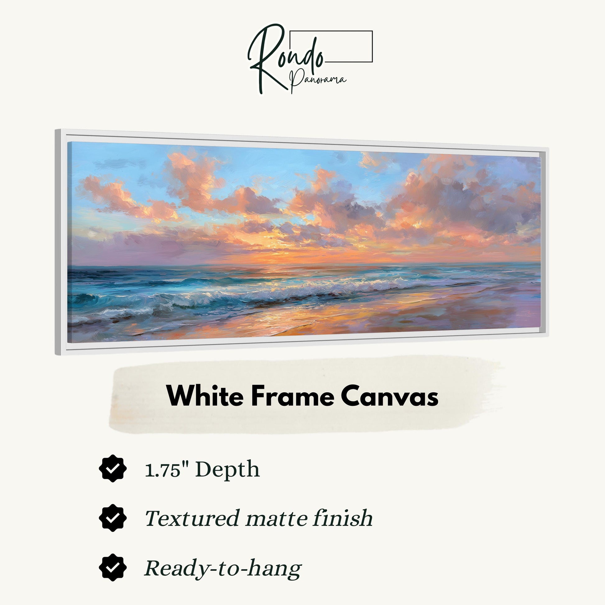 The image is a white frame canvas depicting a serene ocean scene with a sunset over the water.