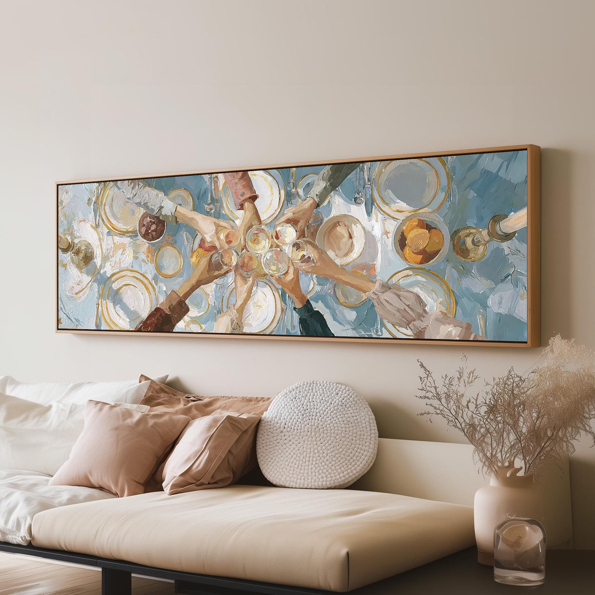 Elegant wine toast over a linen table long horizontal canvas print above a sofa in a living room