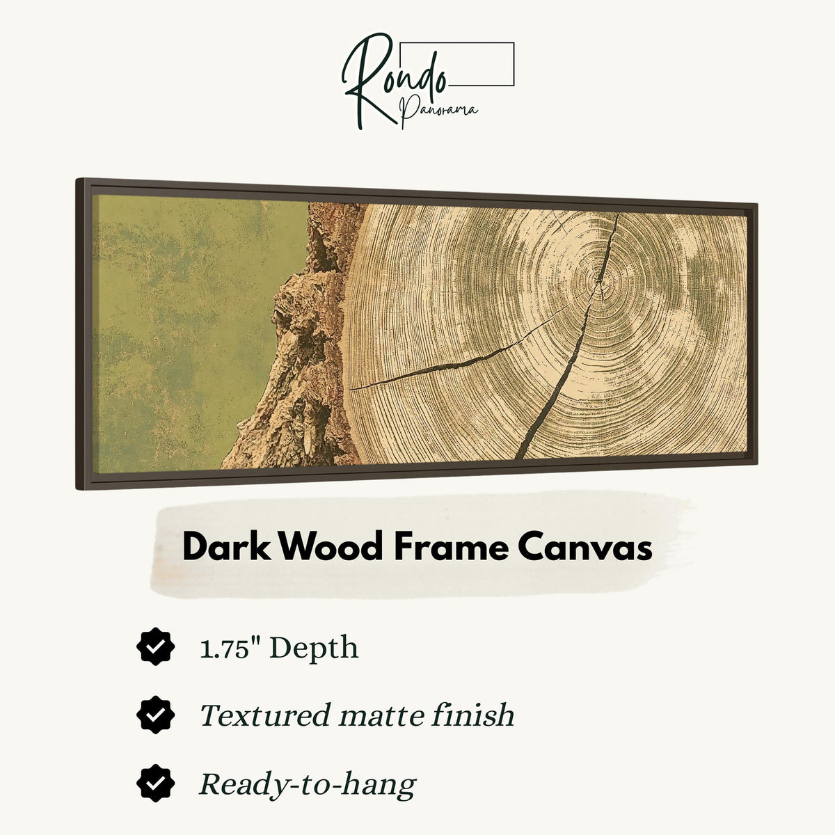 Golden tree ring wood grain canvas print in a dark wood floating frame