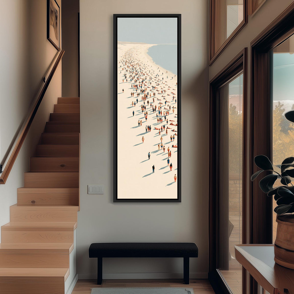 Beach walkers along a diagonal shoreline tall narrow canvas print beside a staircase in an entryway