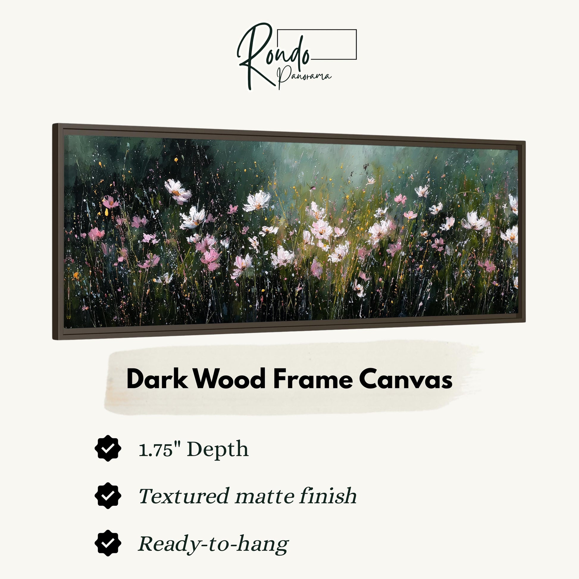 The image is a framed artwork depicting a field of flowers with a textured matte finish. The frame is described as a dark wood frame with a 1.75" depth. The artwork is ready to hang and has a textured matte finish.