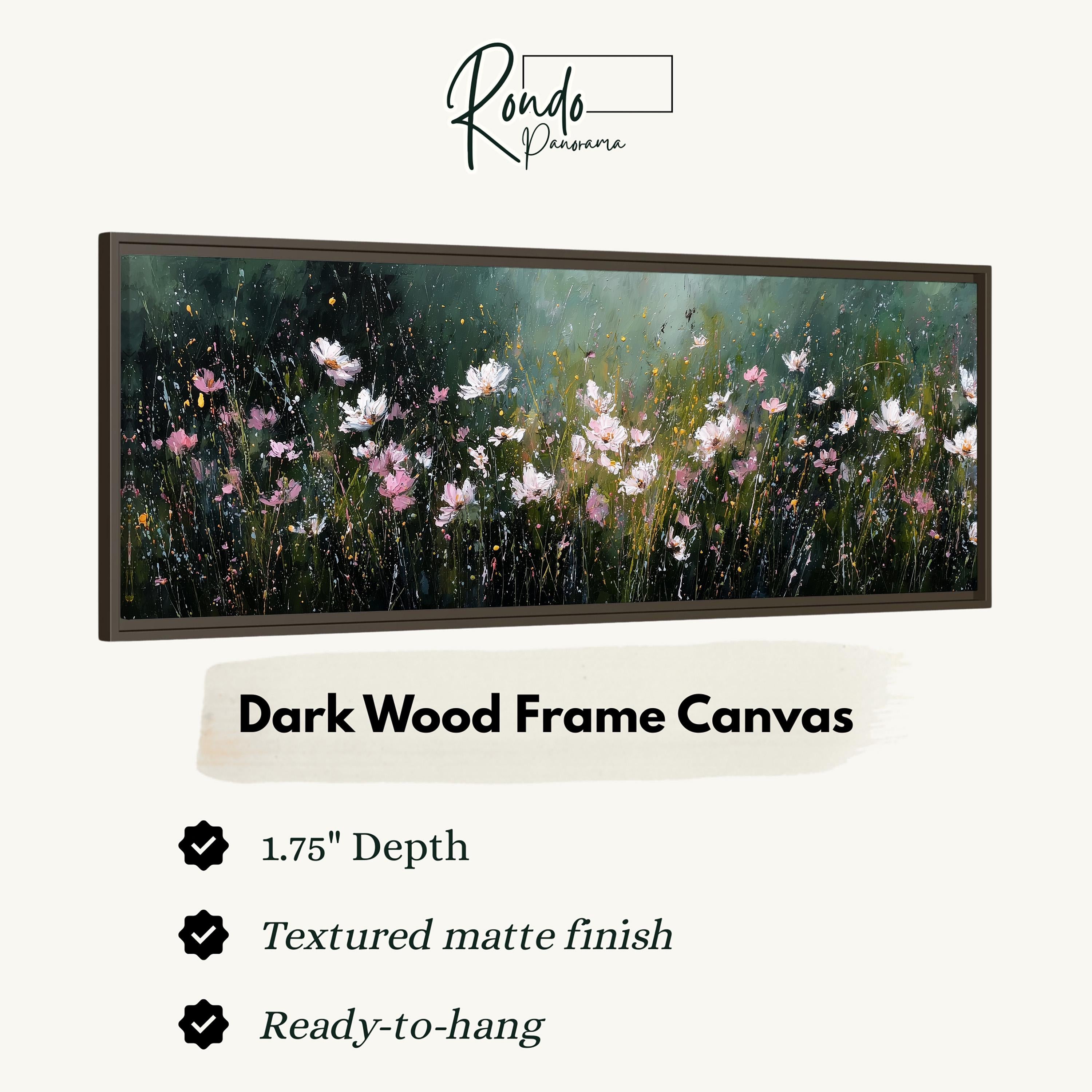 The image is a framed artwork depicting a field of flowers with a textured matte finish. The frame is described as a dark wood frame with a 1.75" depth. The artwork is ready to hang and has a textured matte finish.