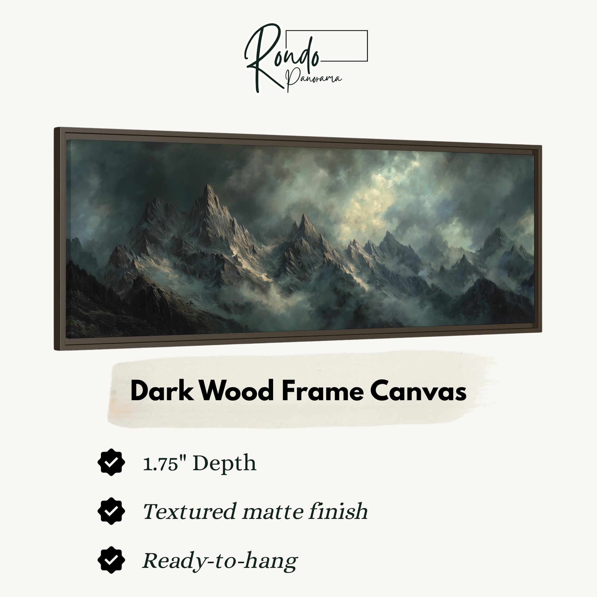 The image is a dark wood frame canvas depicting a mountainous landscape with a dramatic, stormy sky.