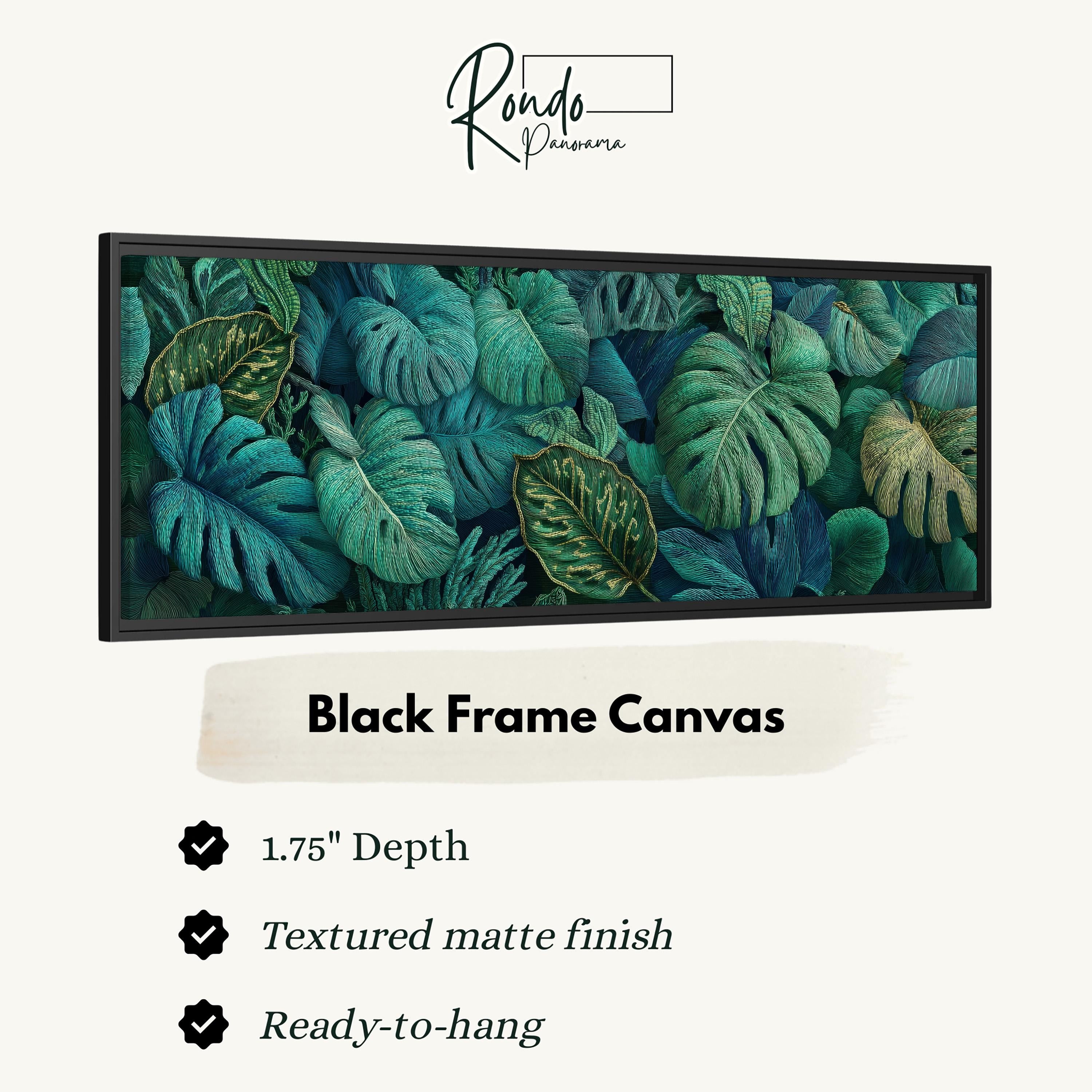 The image is a black frame canvas featuring a close-up of a variety of tropical leaves in shades of green and blue.