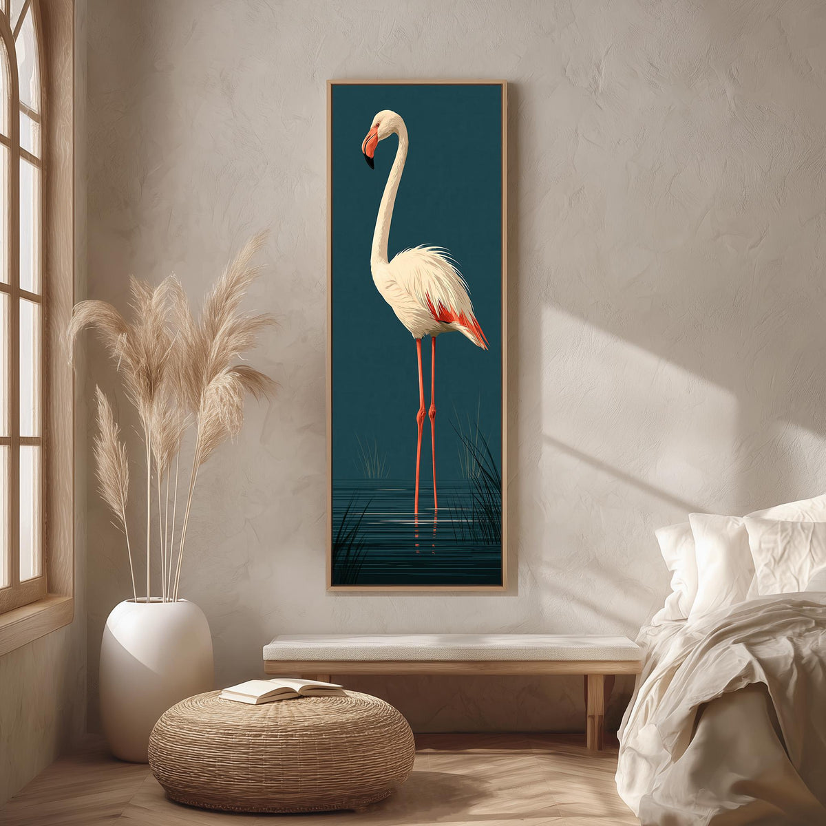 Pale flamingo standing on dark teal long vertical canvas print in a bright reading corner
