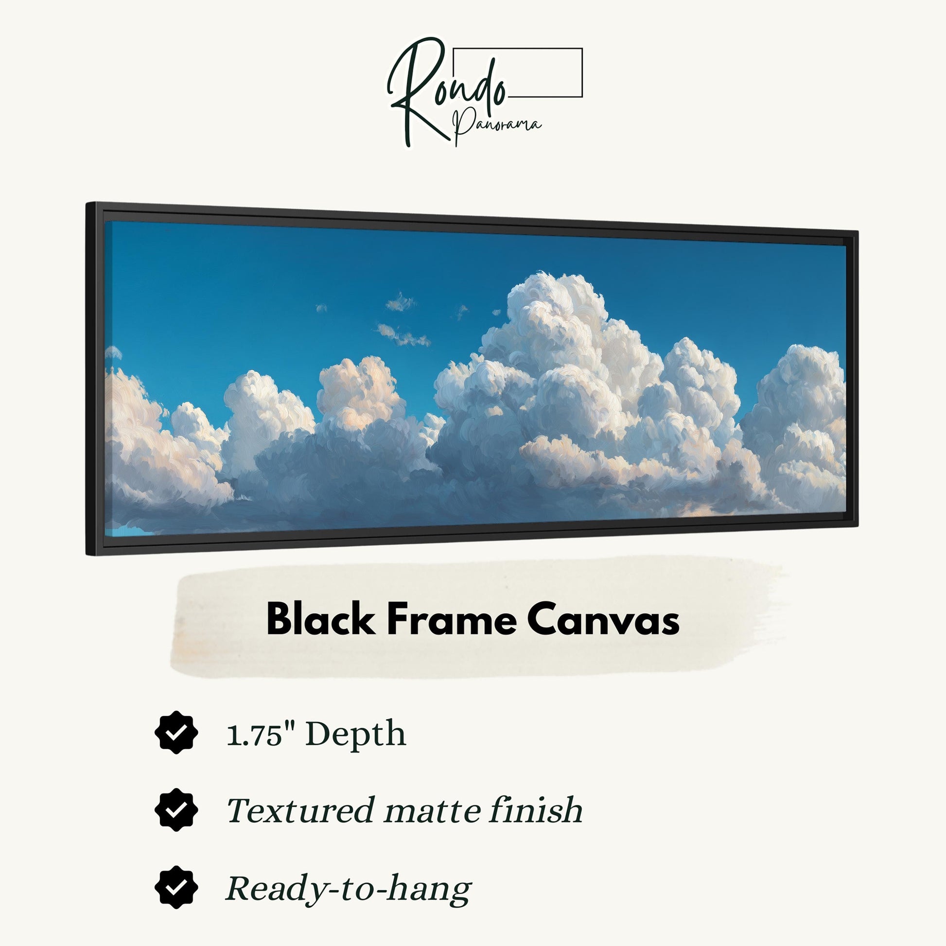 The image is a black frame canvas depicting a blue sky with fluffy white clouds.