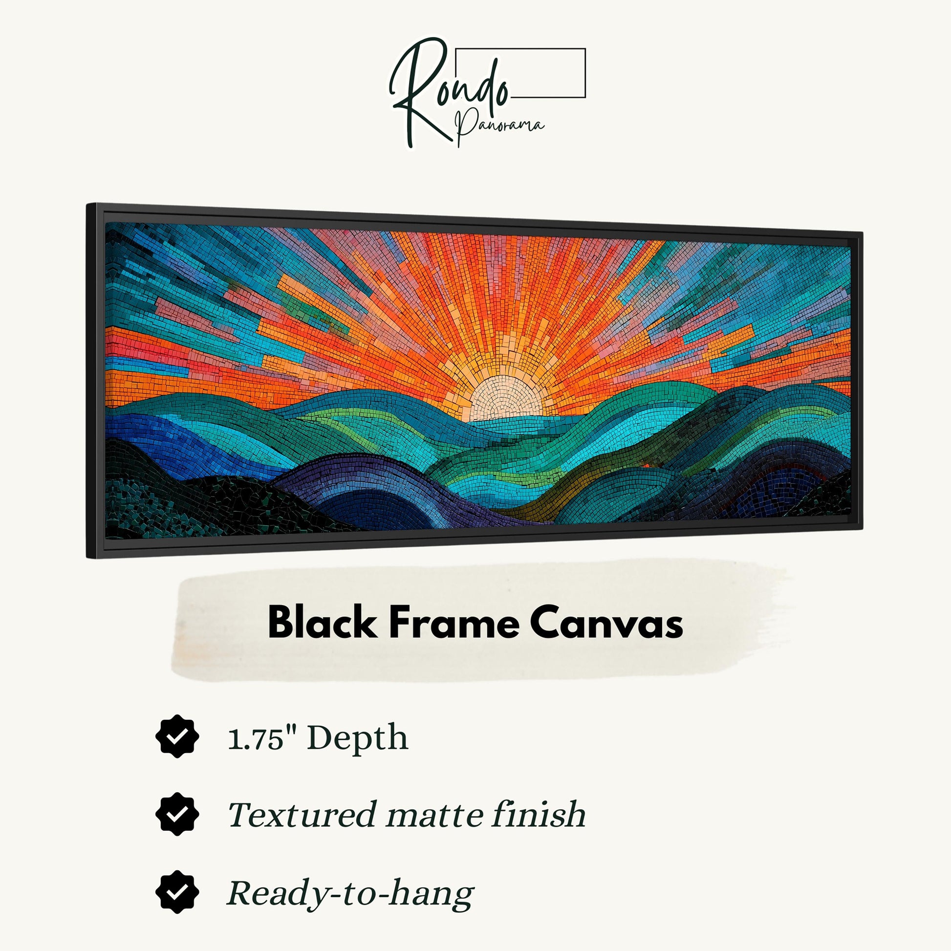 The image is a black frame canvas depicting a vibrant, colorful landscape with a sunburst effect.