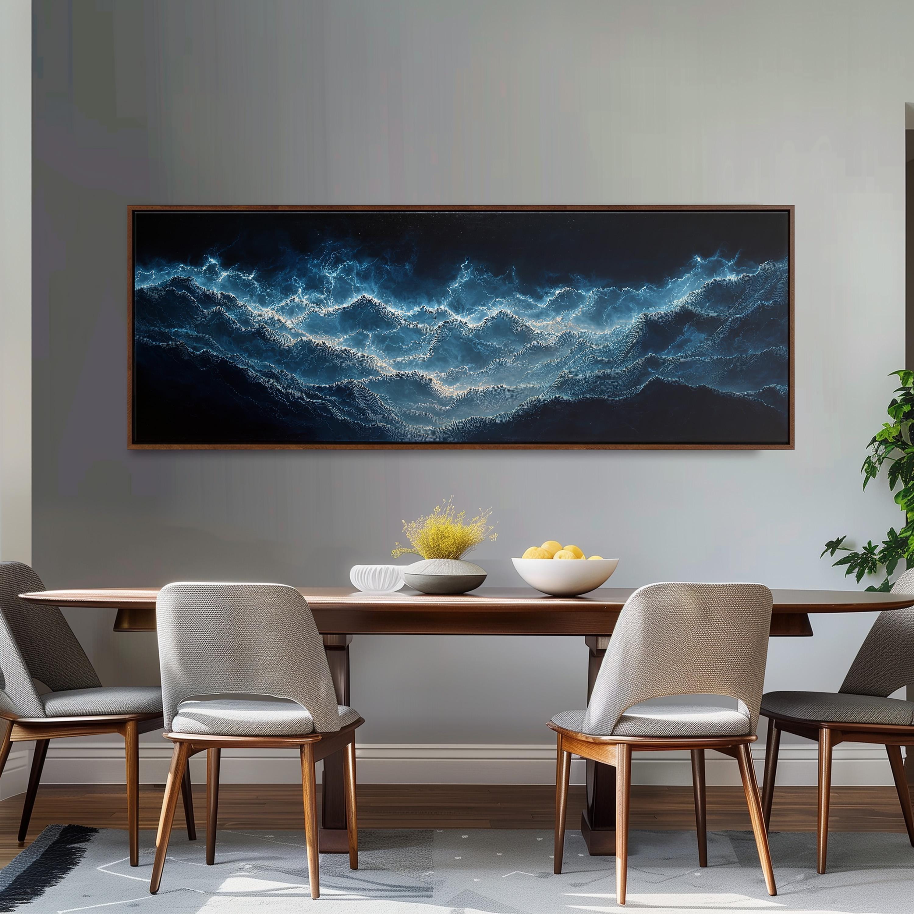 a dining room with a large painting of a wave hanging on the wall above a wooden dining table with four chairs. The table is set with a bowl of fruit and a vase of flowers, creating a cozy and inviting atmosphere.