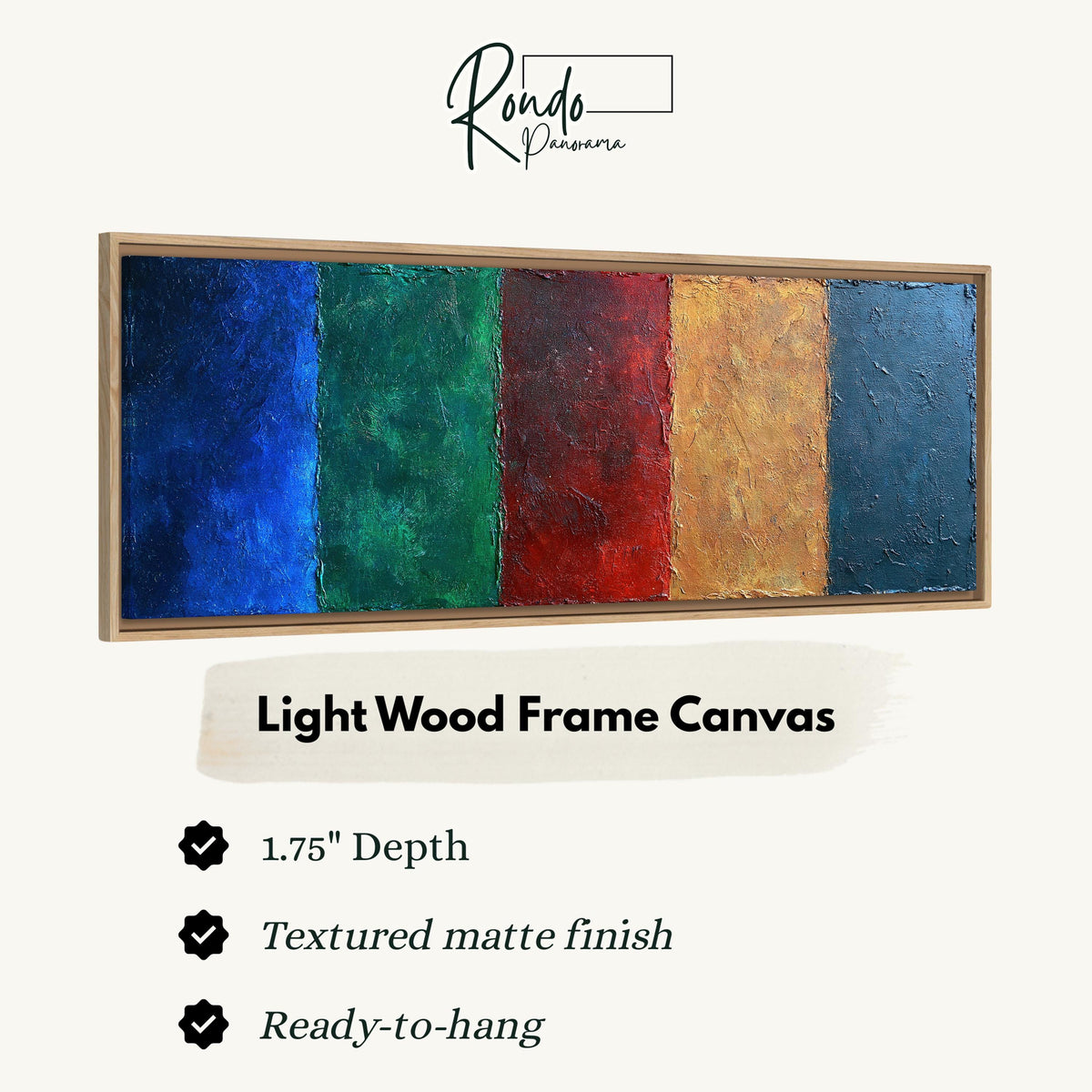 Textured jewel tone vertical bands canvas print in a light wood floating frame